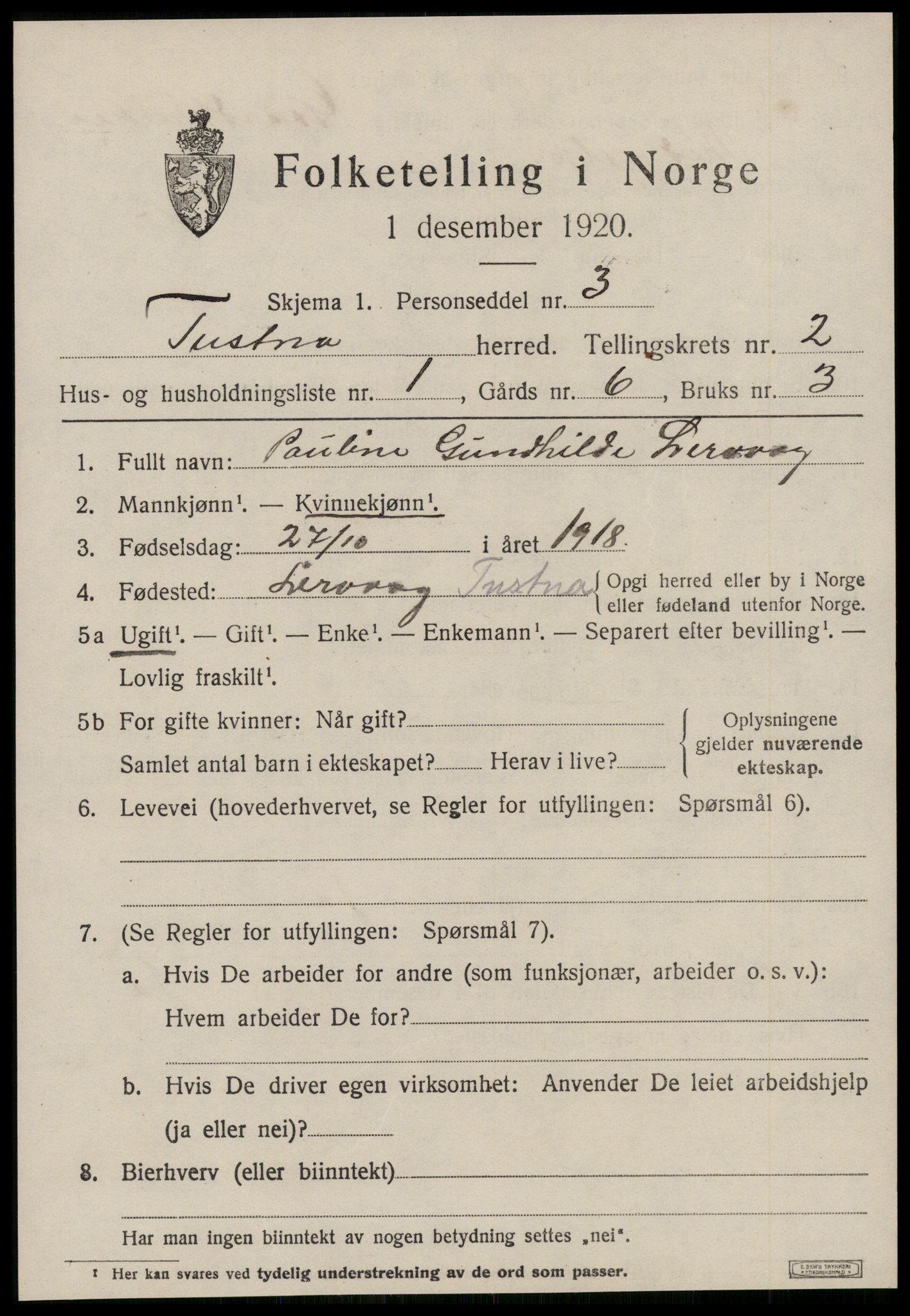 SAT, 1920 census for Tustna, 1920, p. 897