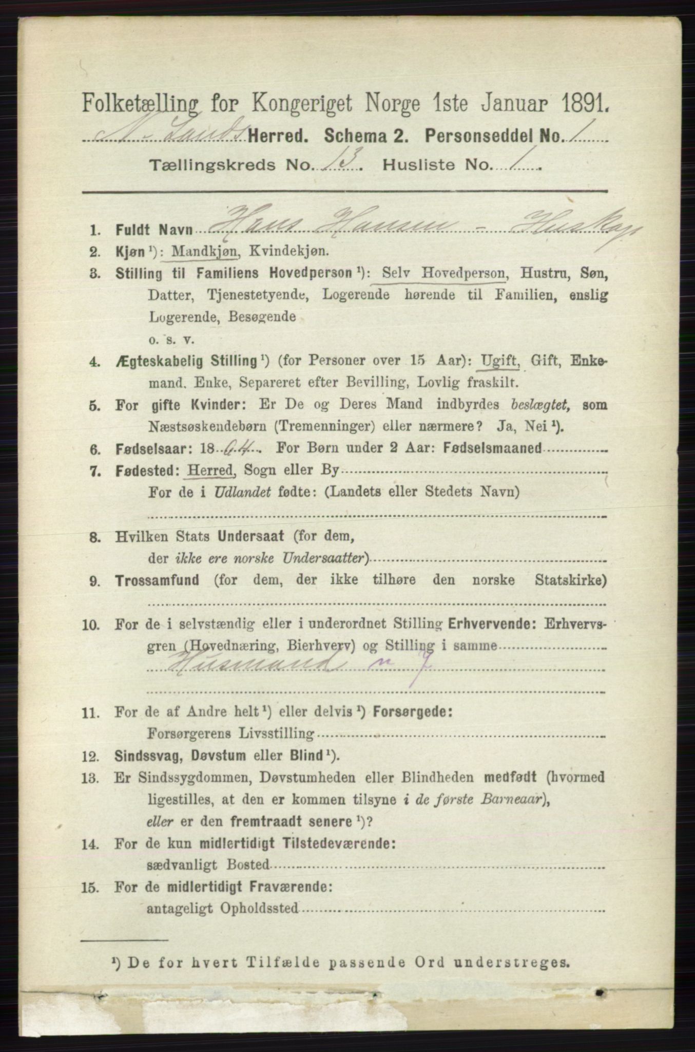 RA, 1891 census for 0538 Nordre Land, 1891, p. 3497