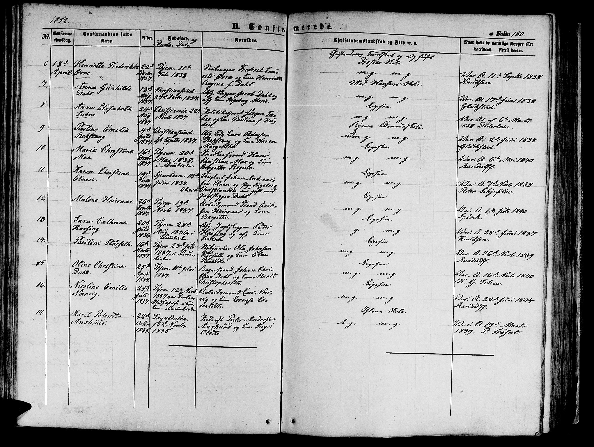 Ministerialprotokoller, klokkerbøker og fødselsregistre - Sør-Trøndelag, AV/SAT-A-1456/602/L0137: Parish register (copy) no. 602C05, 1846-1856, p. 180