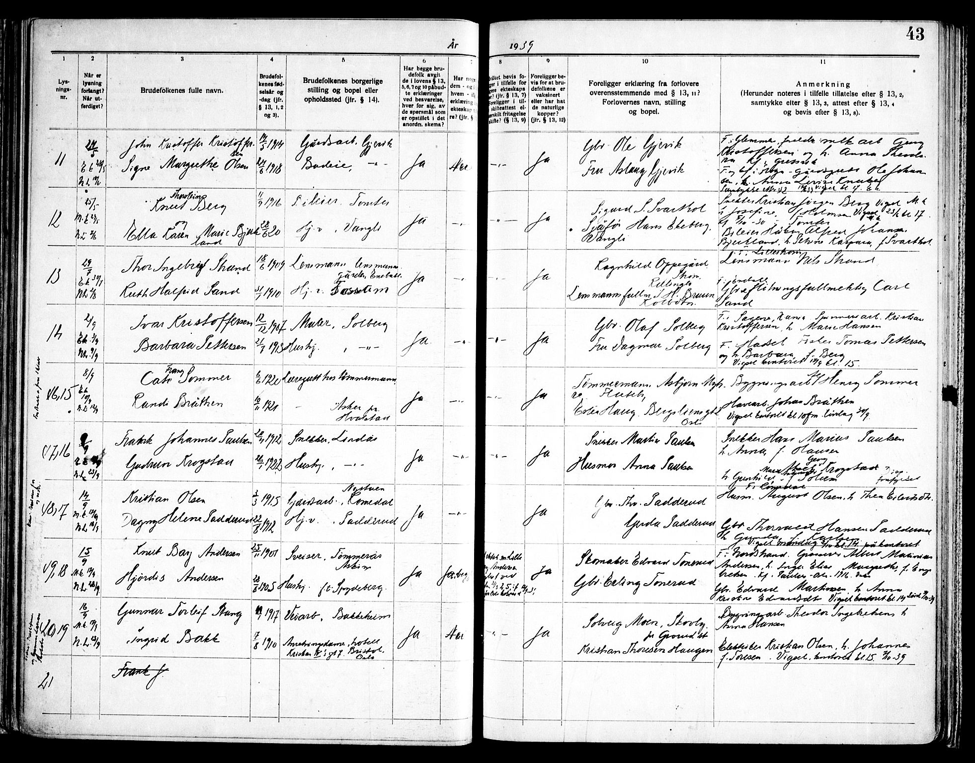 Enebakk prestekontor Kirkebøker, SAO/A-10171c/H/Ha/L0001: Banns register no. 1, 1919-1958, p. 43