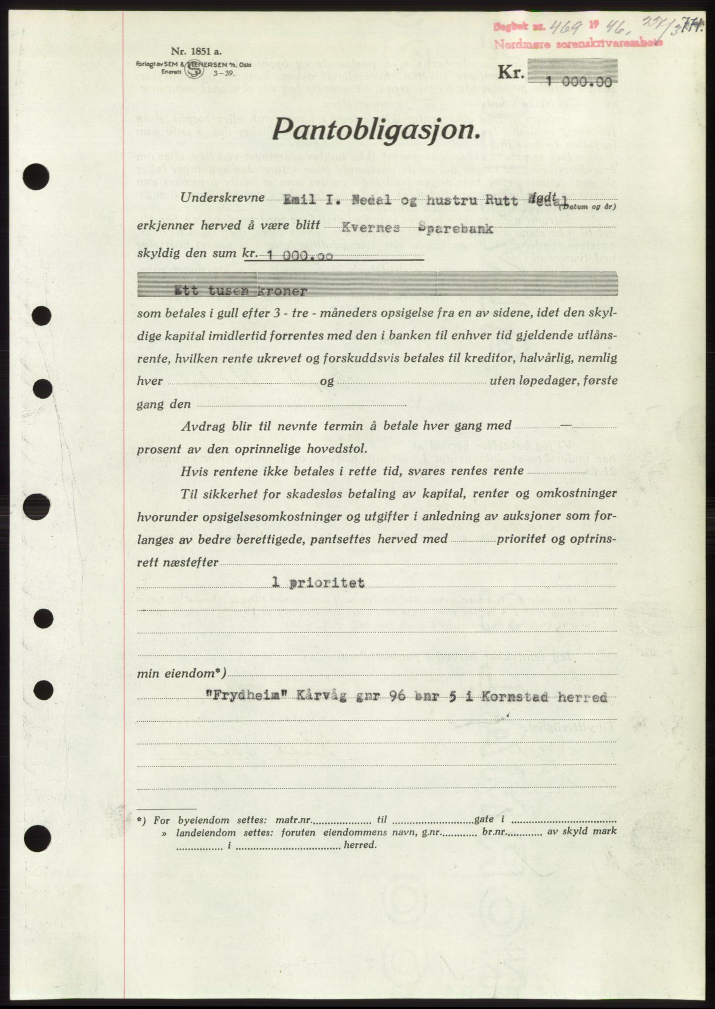 Nordmøre sorenskriveri, AV/SAT-A-4132/1/2/2Ca: Mortgage book no. B93b, 1946-1946, Diary no: : 469/1946