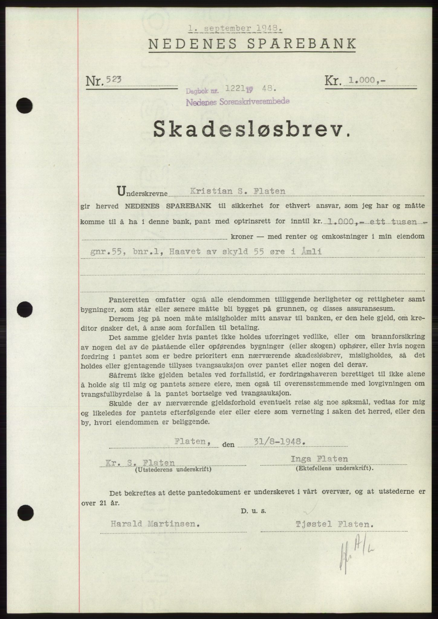 Nedenes sorenskriveri, AV/SAK-1221-0006/G/Gb/Gbb/L0005: Mortgage book no. B5, 1948-1948, Diary no: : 1221/1948