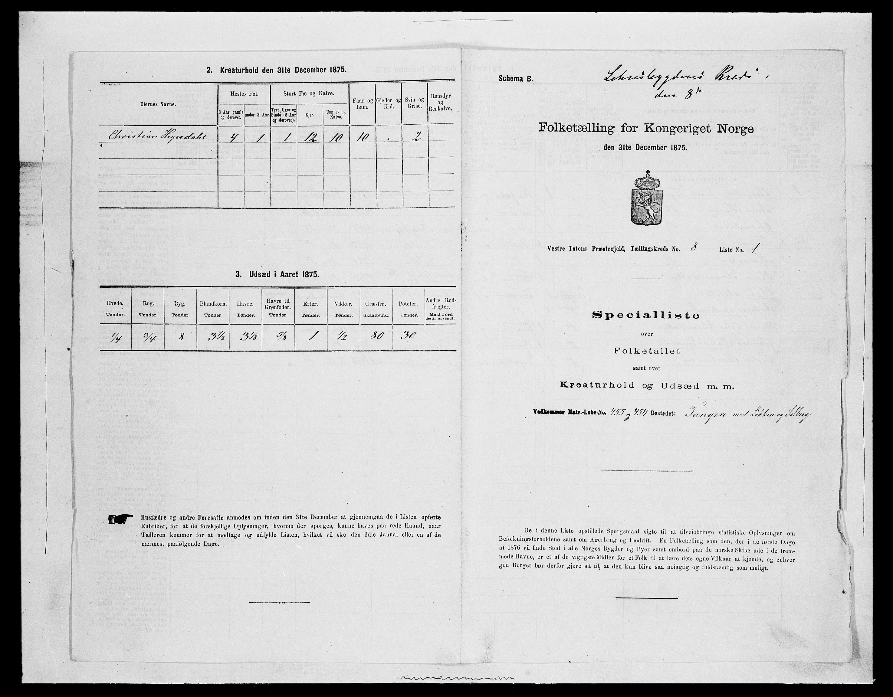 SAH, 1875 census for 0529P Vestre Toten, 1875, p. 1515