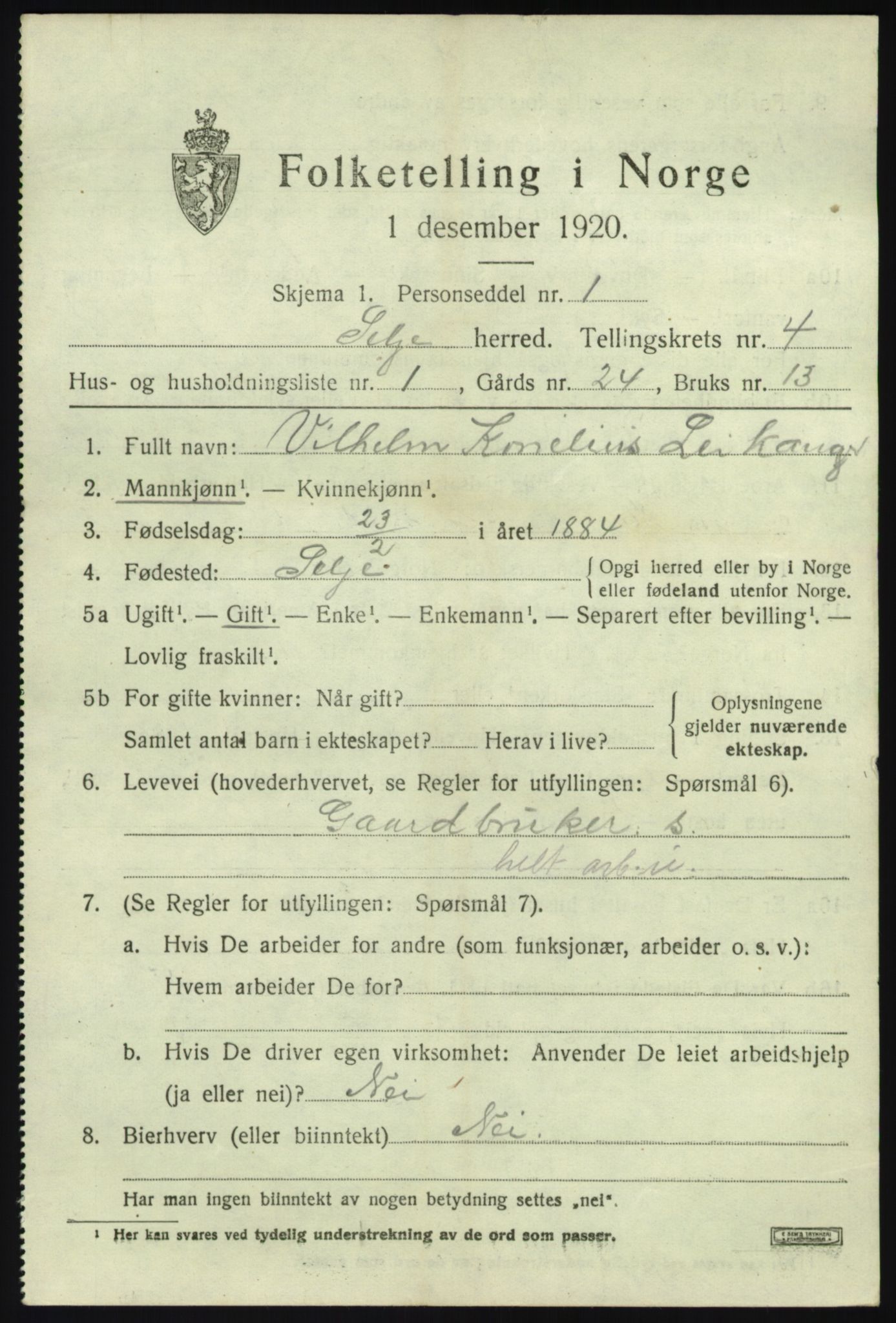 SAB, 1920 census for Selje, 1920, p. 2555