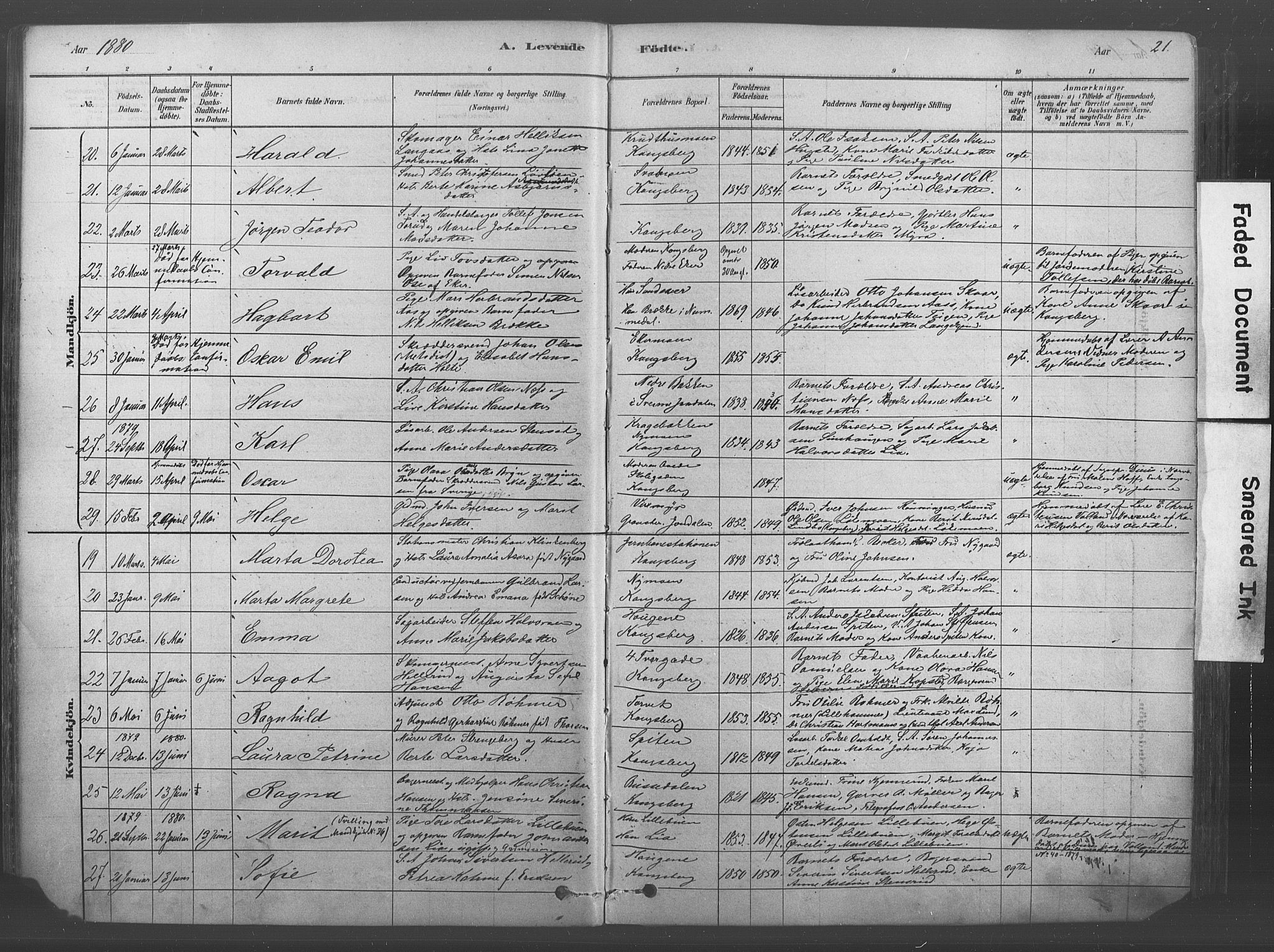 Kongsberg kirkebøker, AV/SAKO-A-22/F/Fb/L0001: Parish register (official) no. II 1, 1878-1886, p. 21