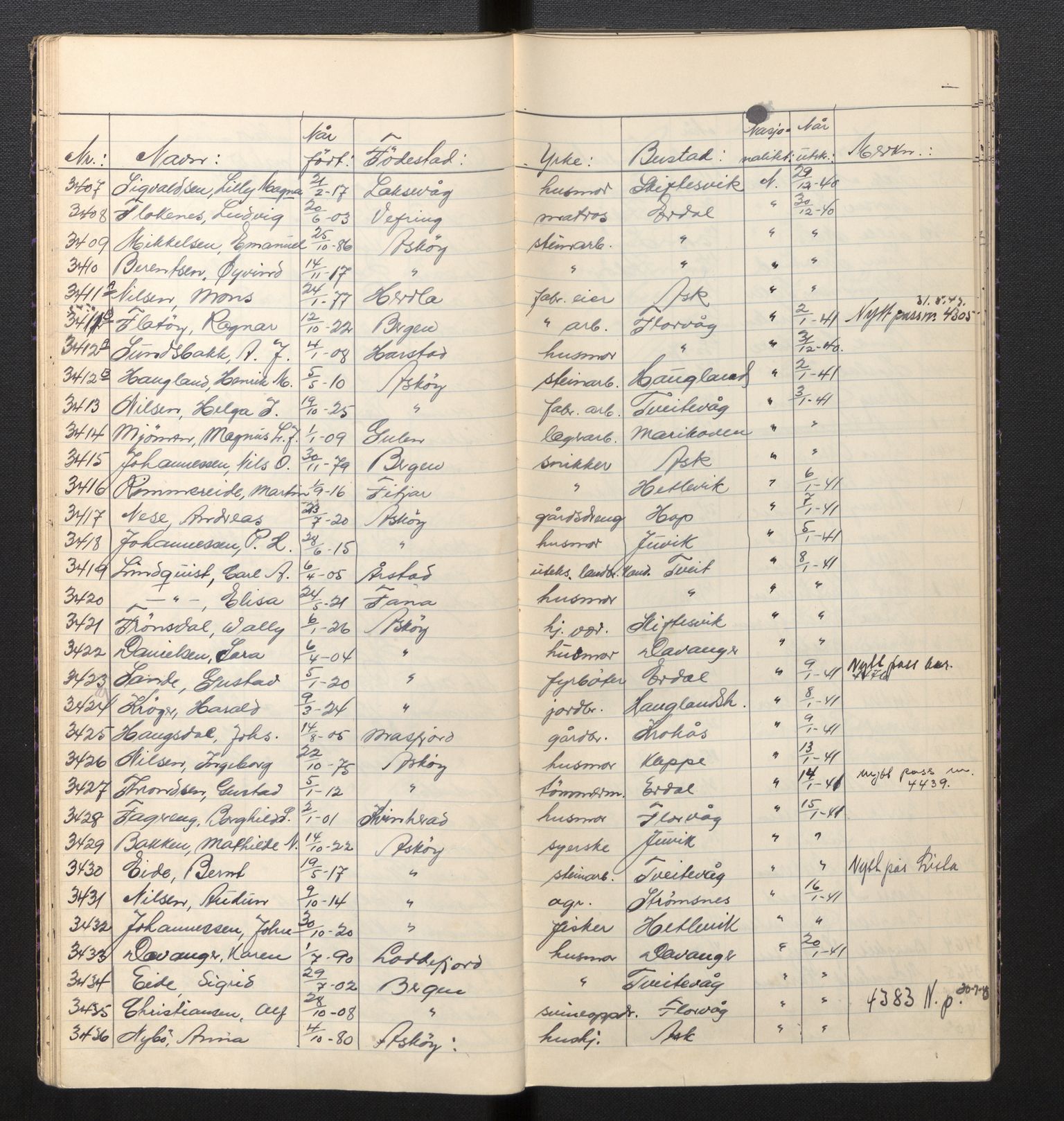 Lensmannen i Askøy, AV/SAB-A-31001/0026/L0002: Protokoll for søknader om grensebuarbevis 2966 - 4361, 1940-1943