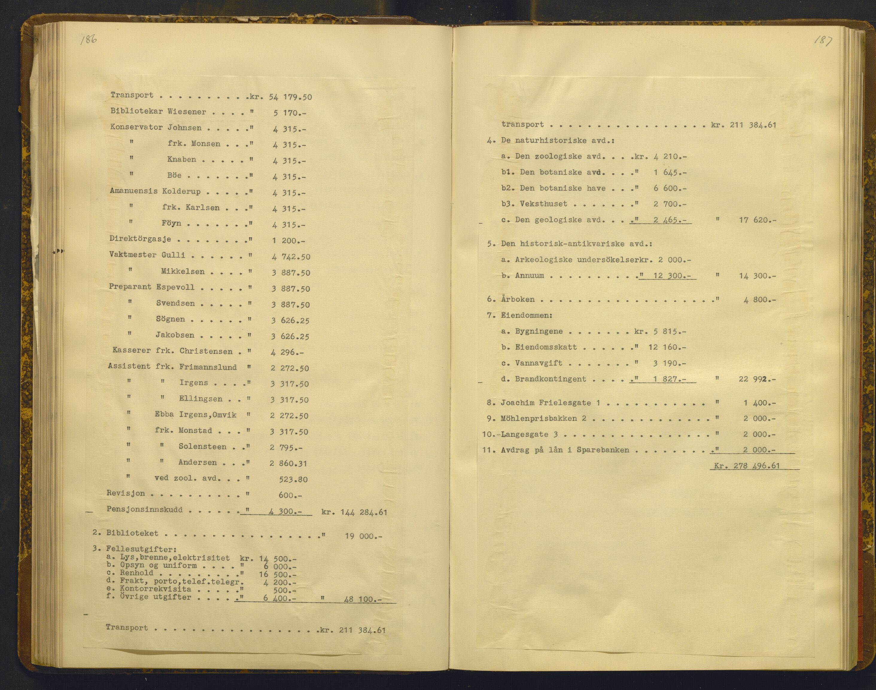 Bergens Museum, AV/SAB-A-17301/02/A/L0009: Forhandlingsprotokoll med register , 1927-1943, p. 186-187
