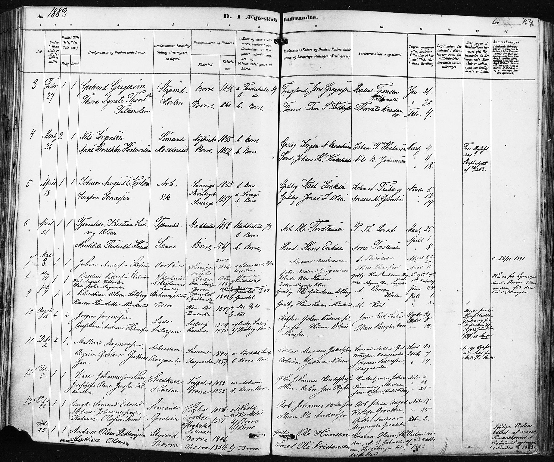 Borre kirkebøker, AV/SAKO-A-338/F/Fa/L0009: Parish register (official) no. I 9, 1878-1896, p. 154