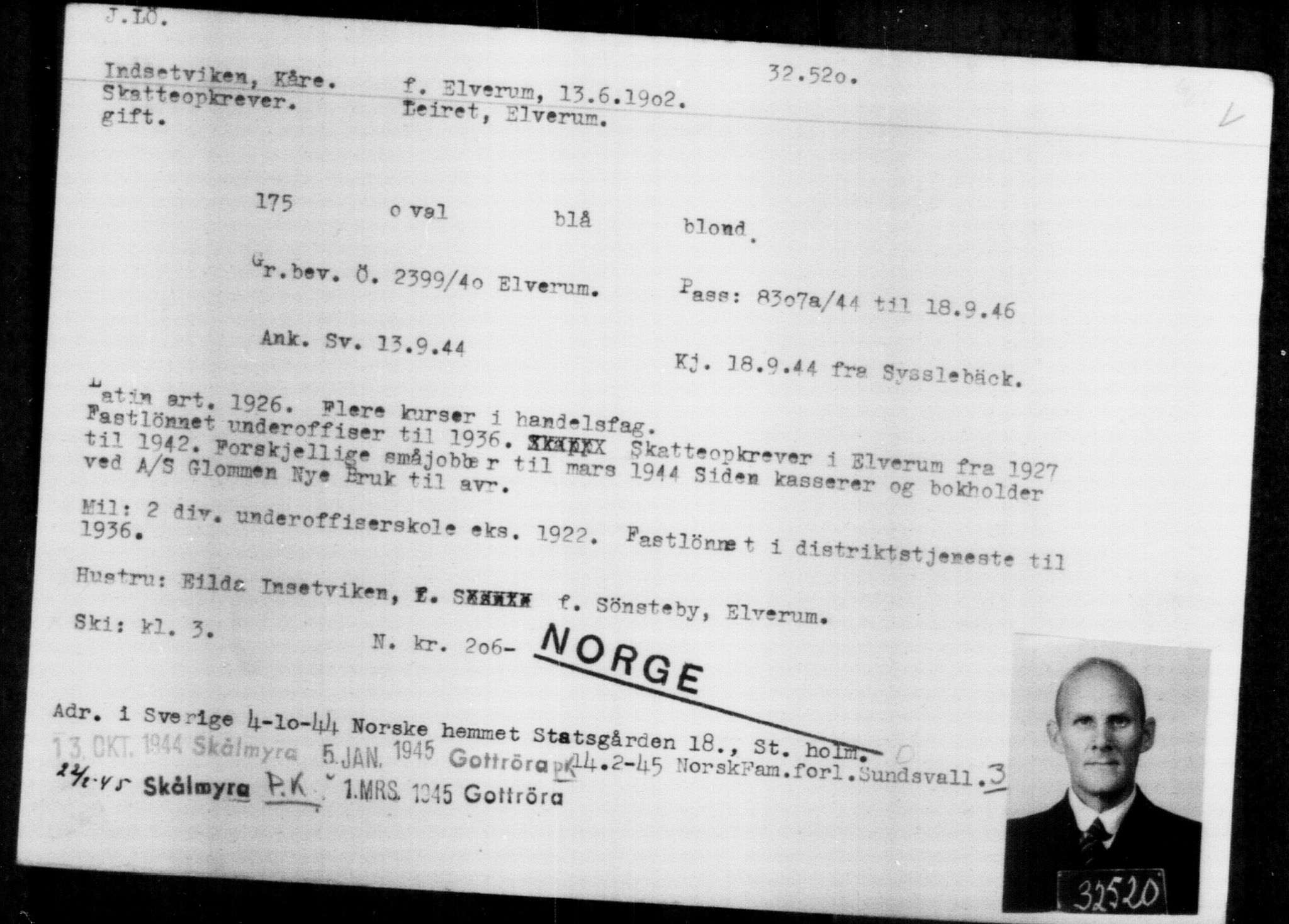 Utenriksstasjonene, Legasjonen i Stockholm, Flyktningkontoret, AV/RA-S-6753/V/Va/L0013: Kjesäterkartoteket, flyktninger med registreringsnr. 31500-34731, 1940-1945, p. 1076