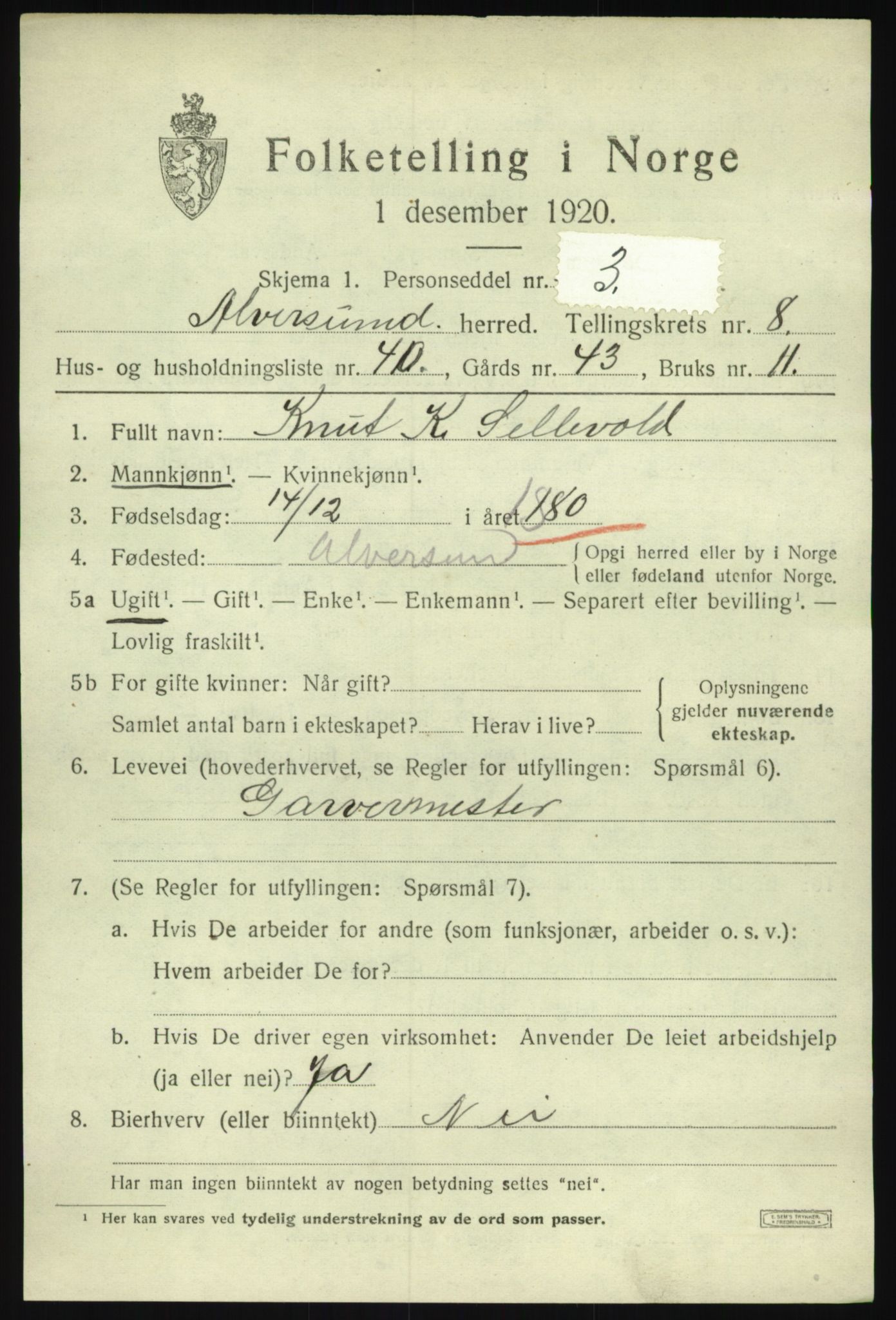 SAB, 1920 census for Alversund, 1920, p. 5294