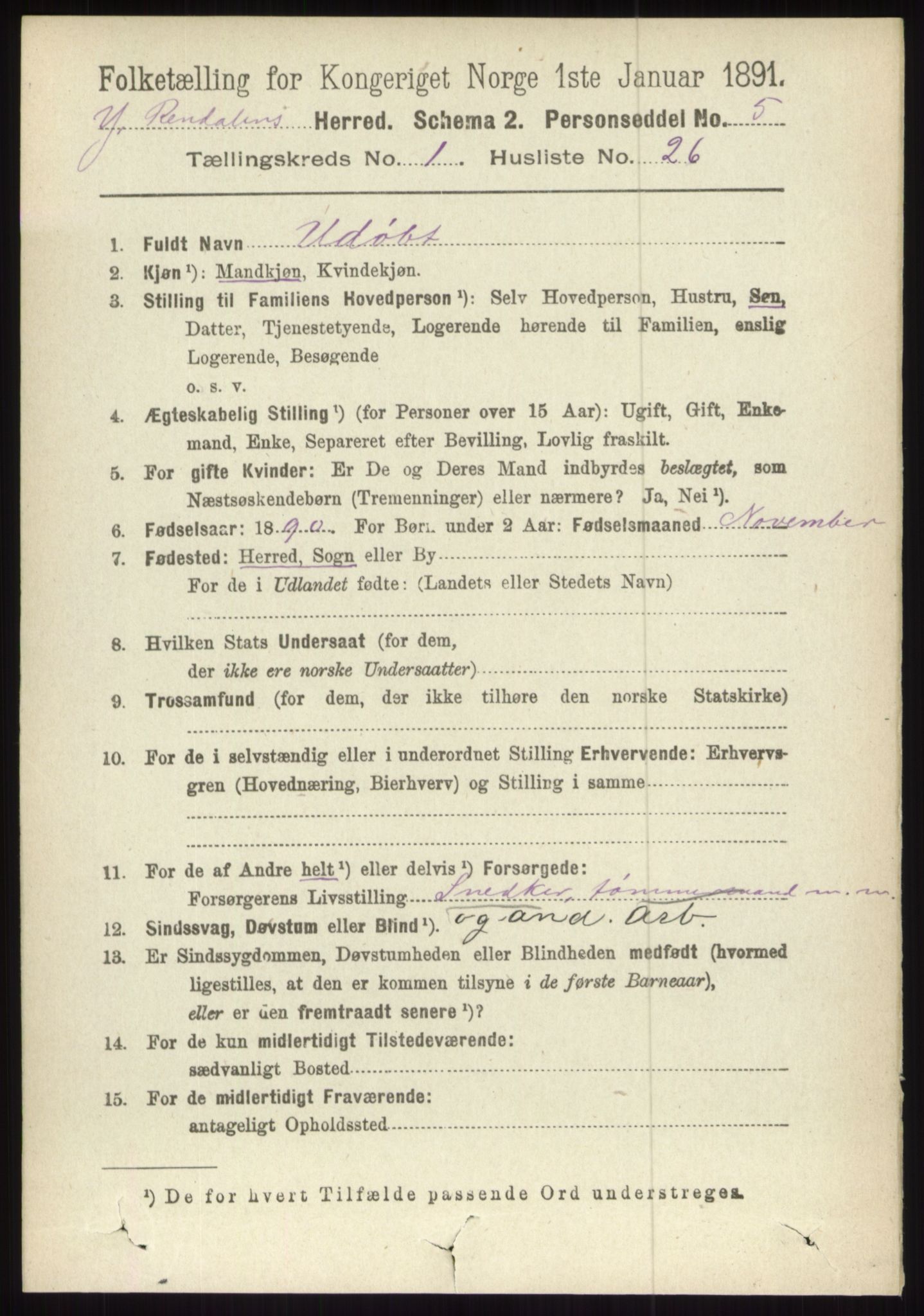 RA, 1891 census for 0432 Ytre Rendal, 1891, p. 263