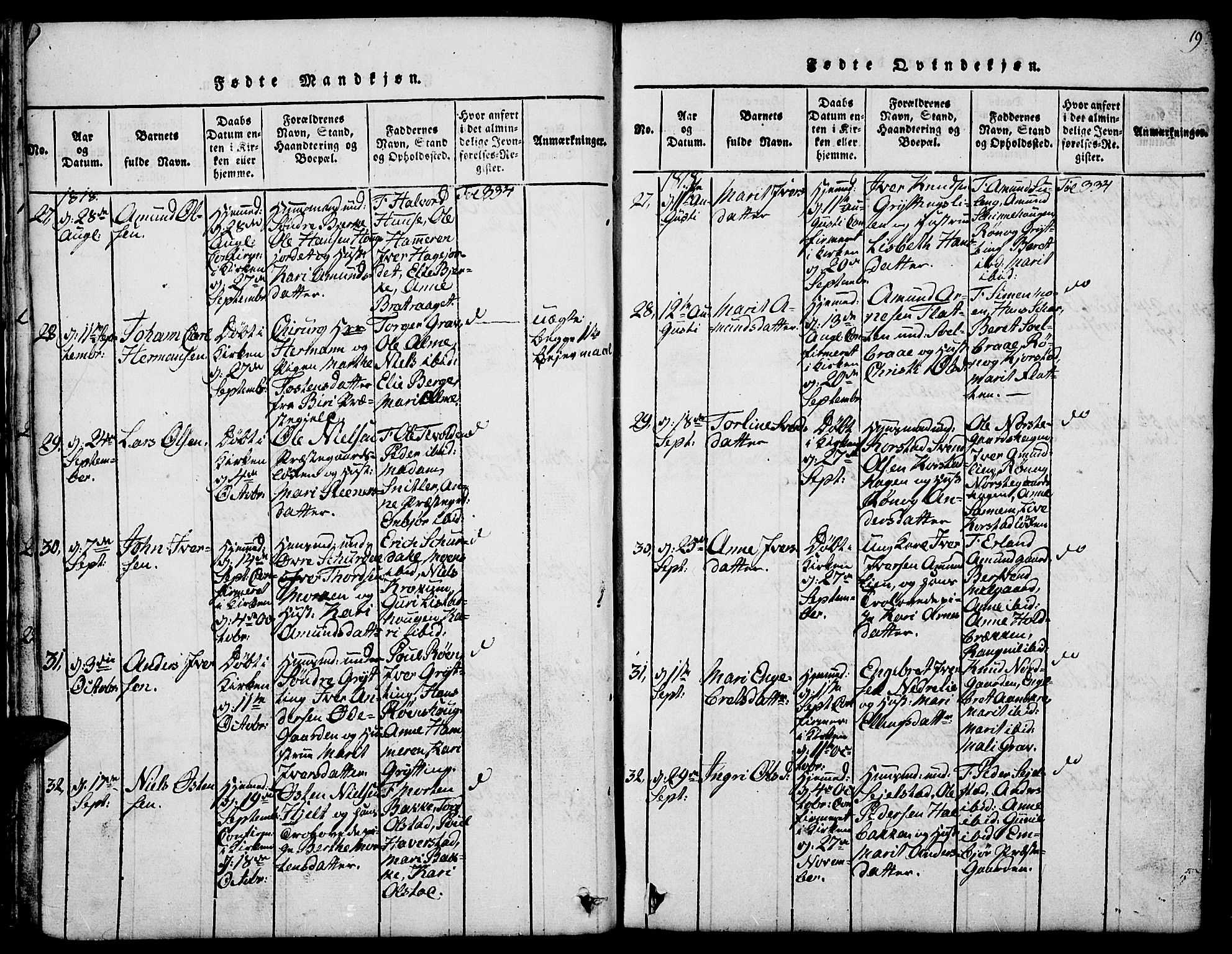 Fron prestekontor, SAH/PREST-078/H/Ha/Hab/L0001: Parish register (copy) no. 1, 1816-1843, p. 19