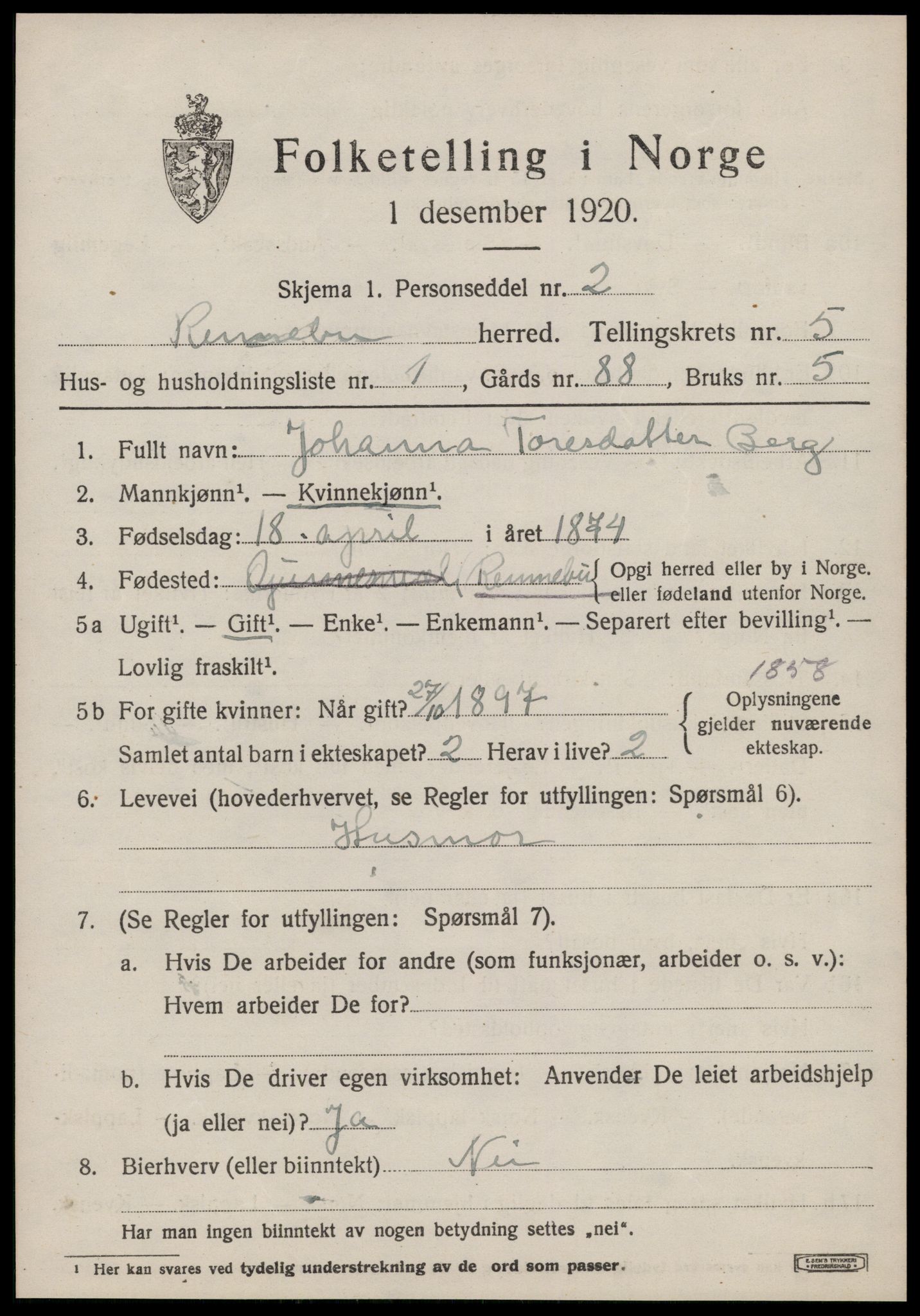 SAT, 1920 census for Rennebu, 1920, p. 3988