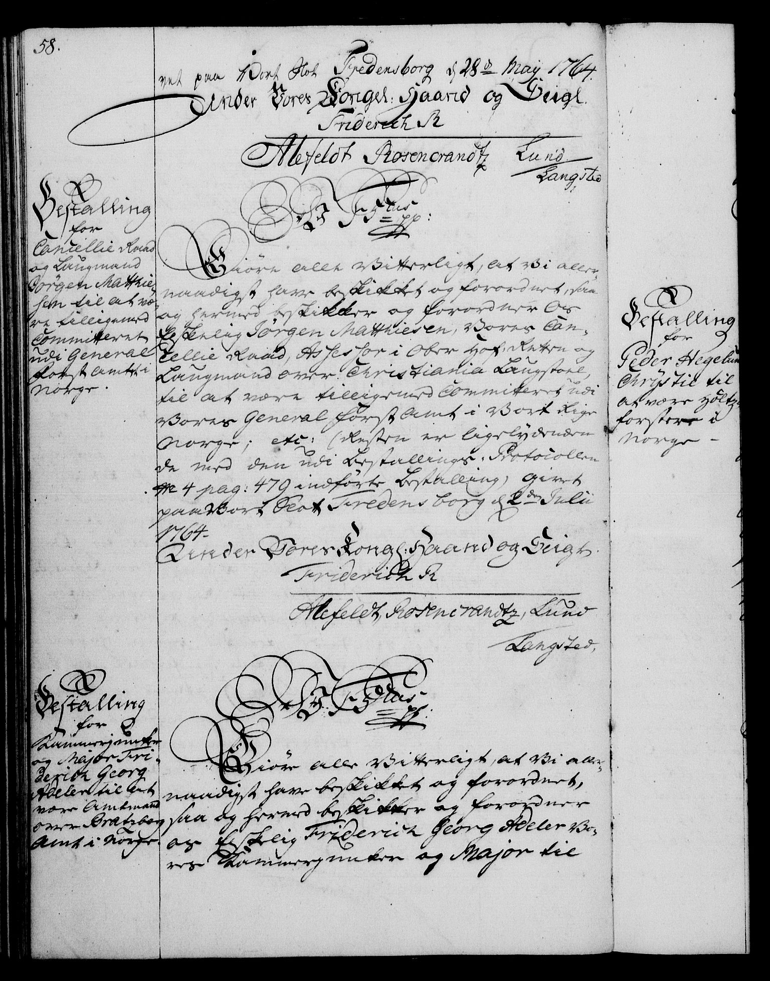 Rentekammeret, Kammerkanselliet, RA/EA-3111/G/Gg/Gge/L0004: Norsk bestallingsprotokoll med register (merket RK 53.28), 1762-1771, p. 58