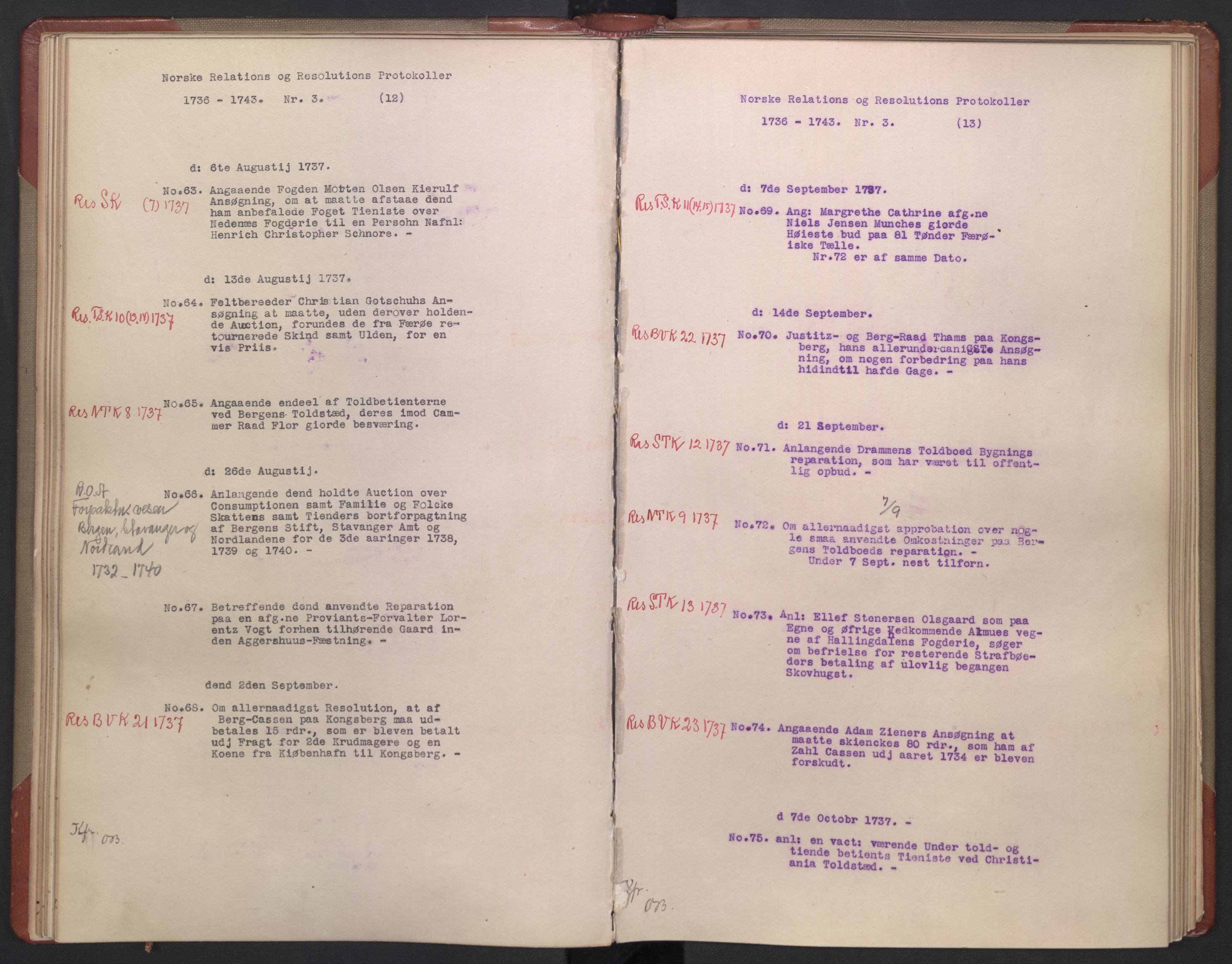 Avskriftsamlingen, AV/RA-EA-4022/F/Fb/L0117: Registratur over norske Relasjons- og  resolusjonsprotokoller, 1736-1743, p. 33