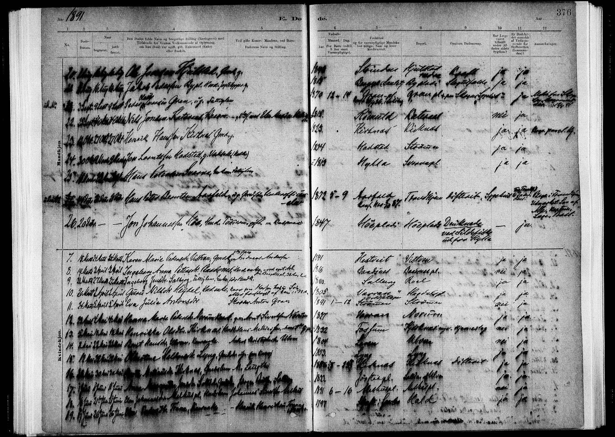 Ministerialprotokoller, klokkerbøker og fødselsregistre - Nord-Trøndelag, SAT/A-1458/730/L0285: Parish register (official) no. 730A10, 1879-1914, p. 376