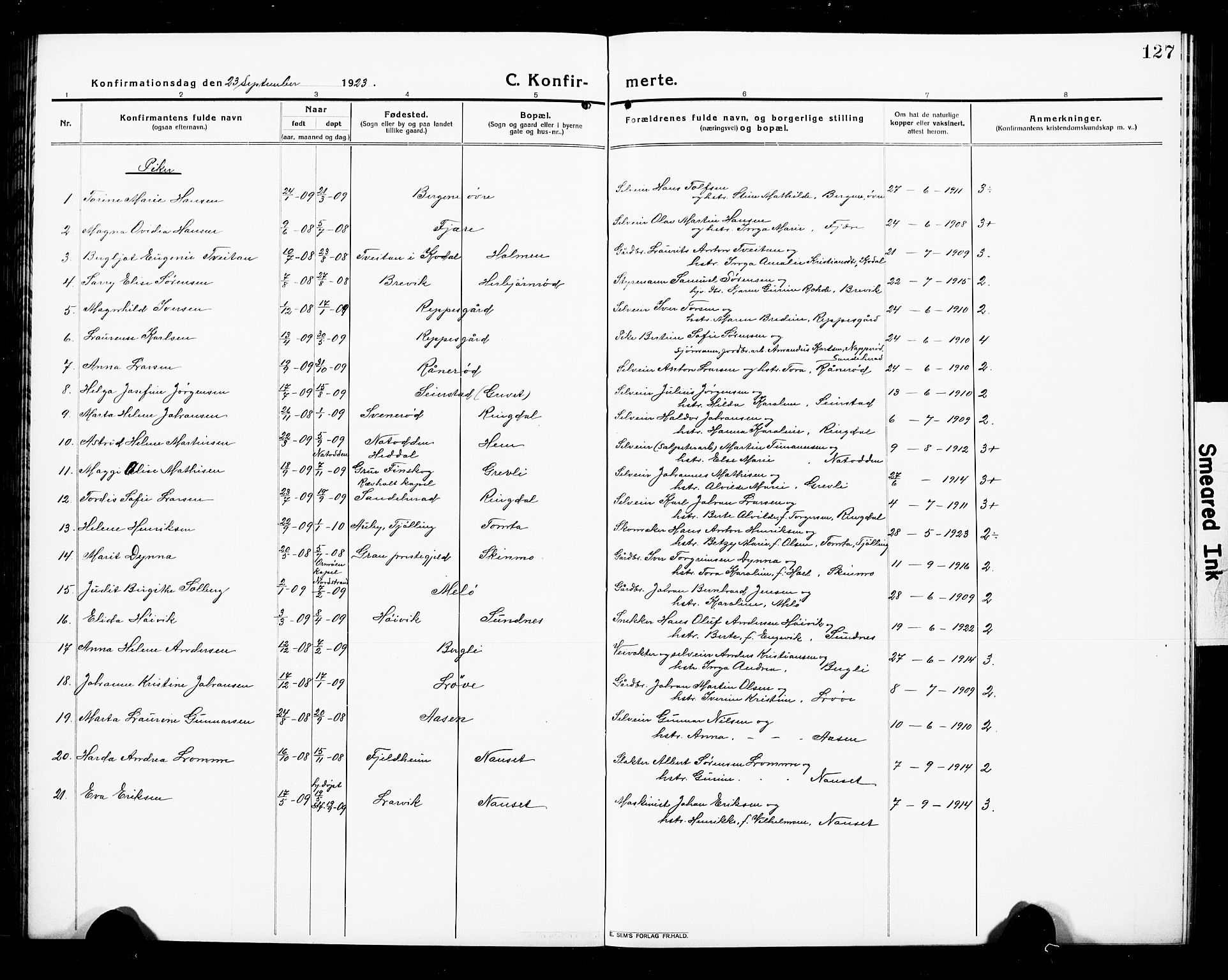 Hedrum kirkebøker, AV/SAKO-A-344/G/Ga/L0005: Parish register (copy) no. I 5, 1916-1930, p. 127