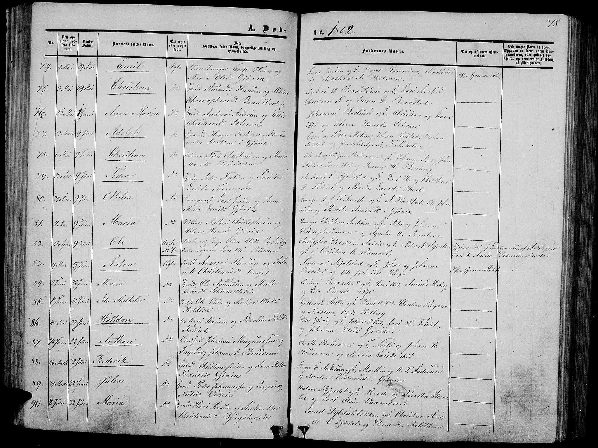 Vardal prestekontor, AV/SAH-PREST-100/H/Ha/Hab/L0005: Parish register (copy) no. 5, 1854-1868, p. 78