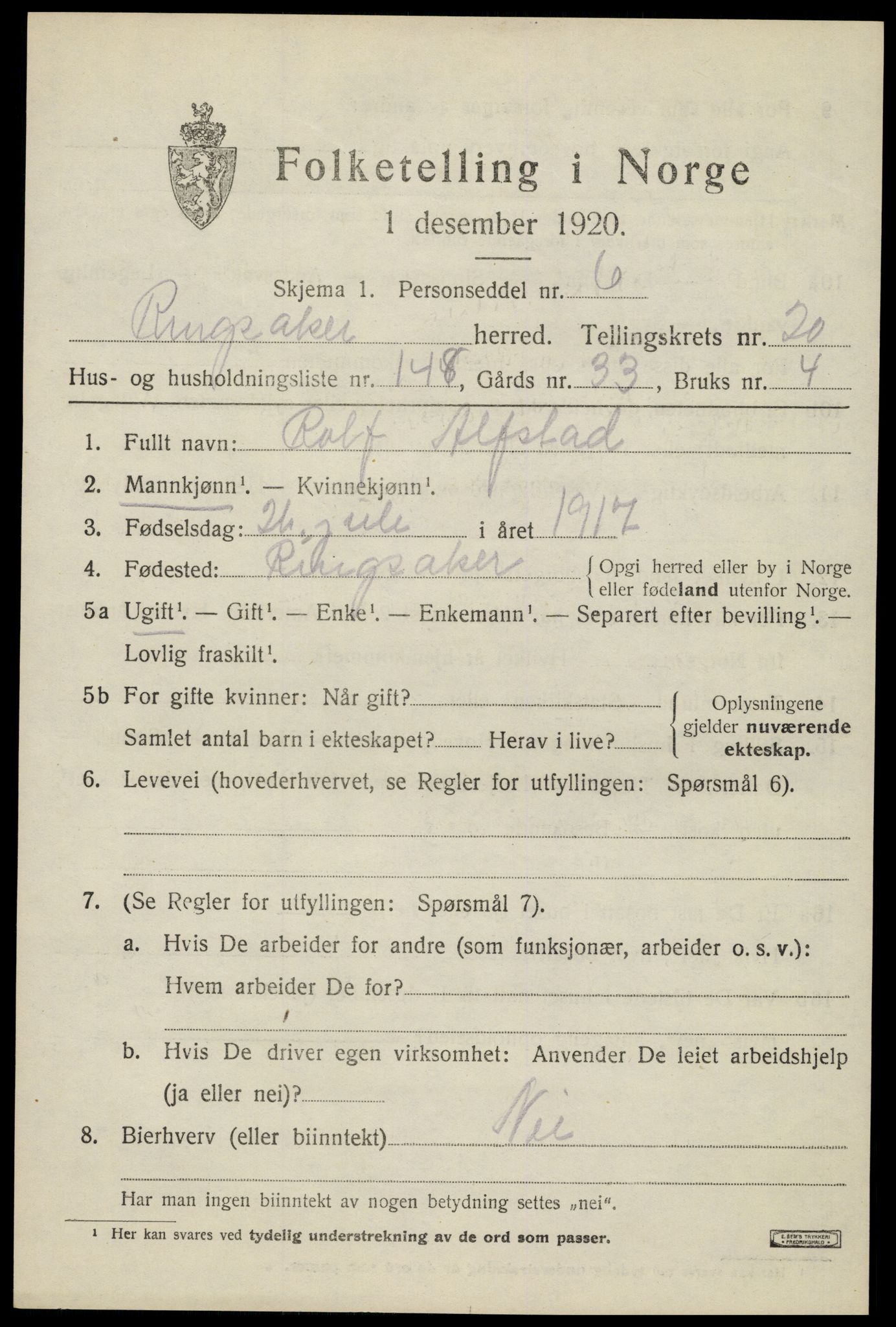 SAH, 1920 census for Ringsaker, 1920, p. 28594