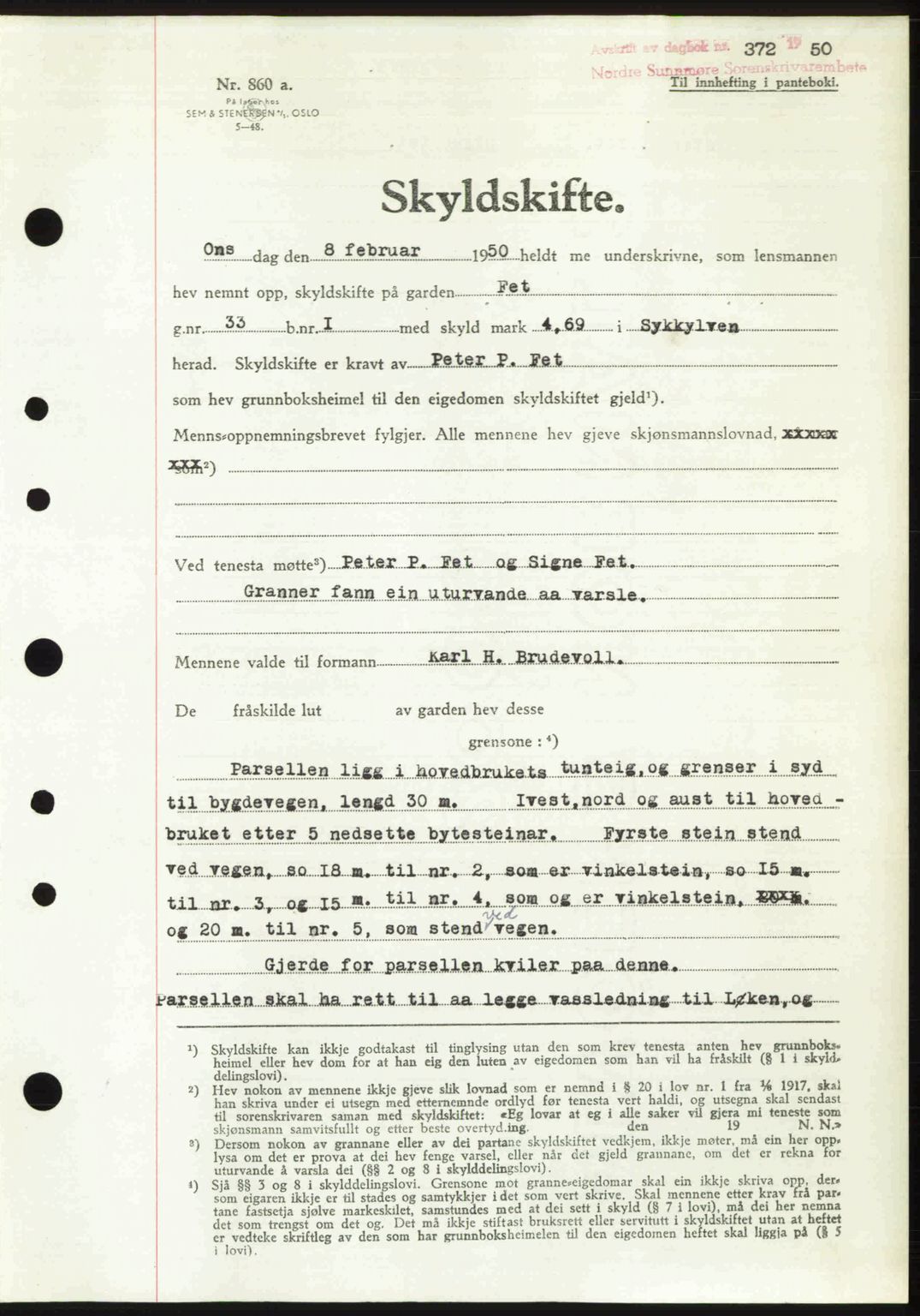 Nordre Sunnmøre sorenskriveri, AV/SAT-A-0006/1/2/2C/2Ca: Mortgage book no. A33, 1949-1950, Diary no: : 372/1950