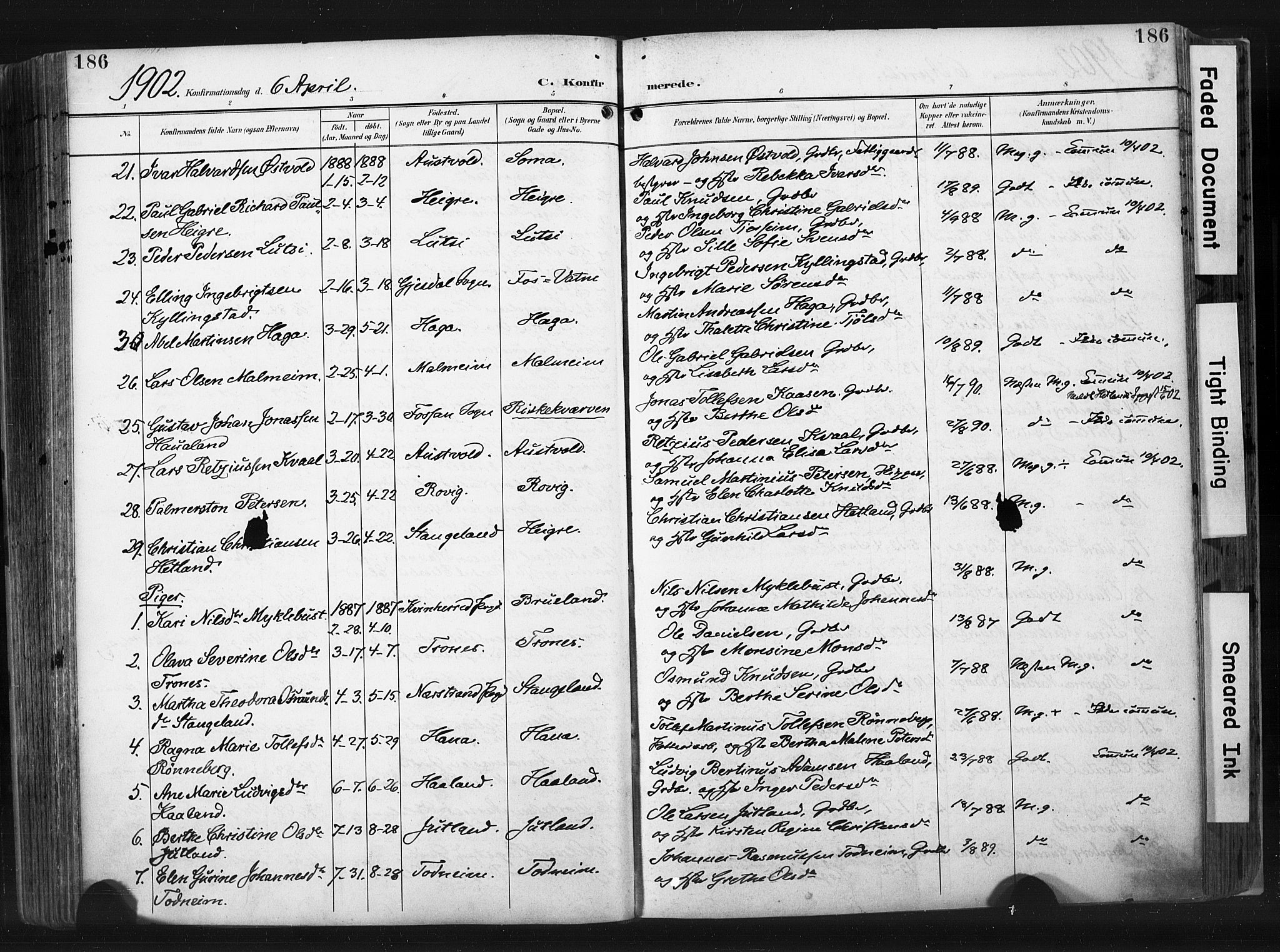 Høyland sokneprestkontor, AV/SAST-A-101799/001/30BA/L0015: Parish register (official) no. A 14, 1899-1911, p. 186