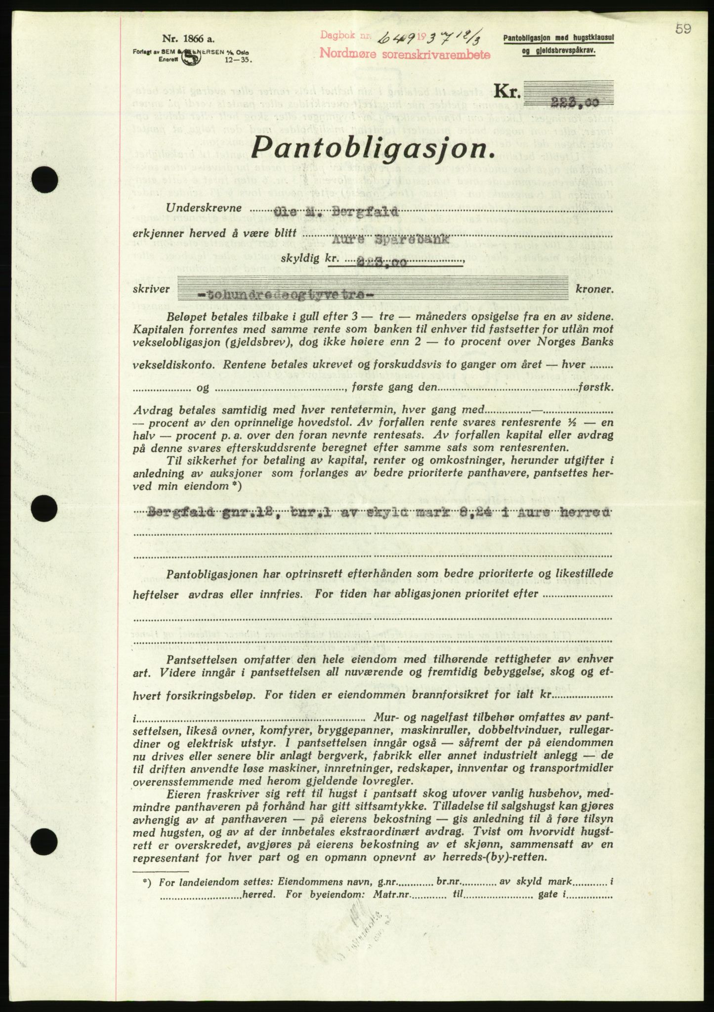 Nordmøre sorenskriveri, AV/SAT-A-4132/1/2/2Ca/L0091: Mortgage book no. B81, 1937-1937, Diary no: : 649/1937