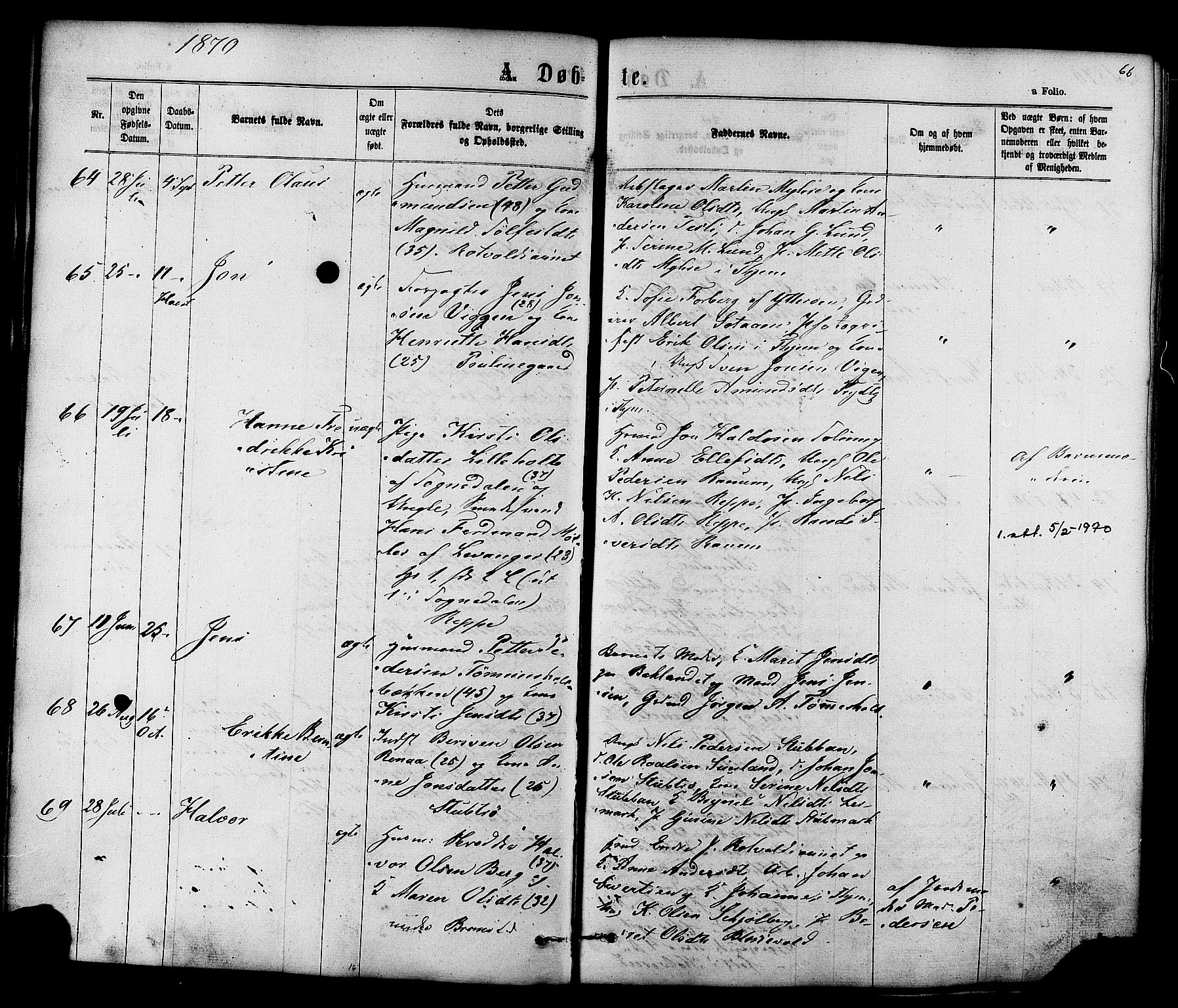 Ministerialprotokoller, klokkerbøker og fødselsregistre - Sør-Trøndelag, SAT/A-1456/606/L0293: Parish register (official) no. 606A08, 1866-1877, p. 66