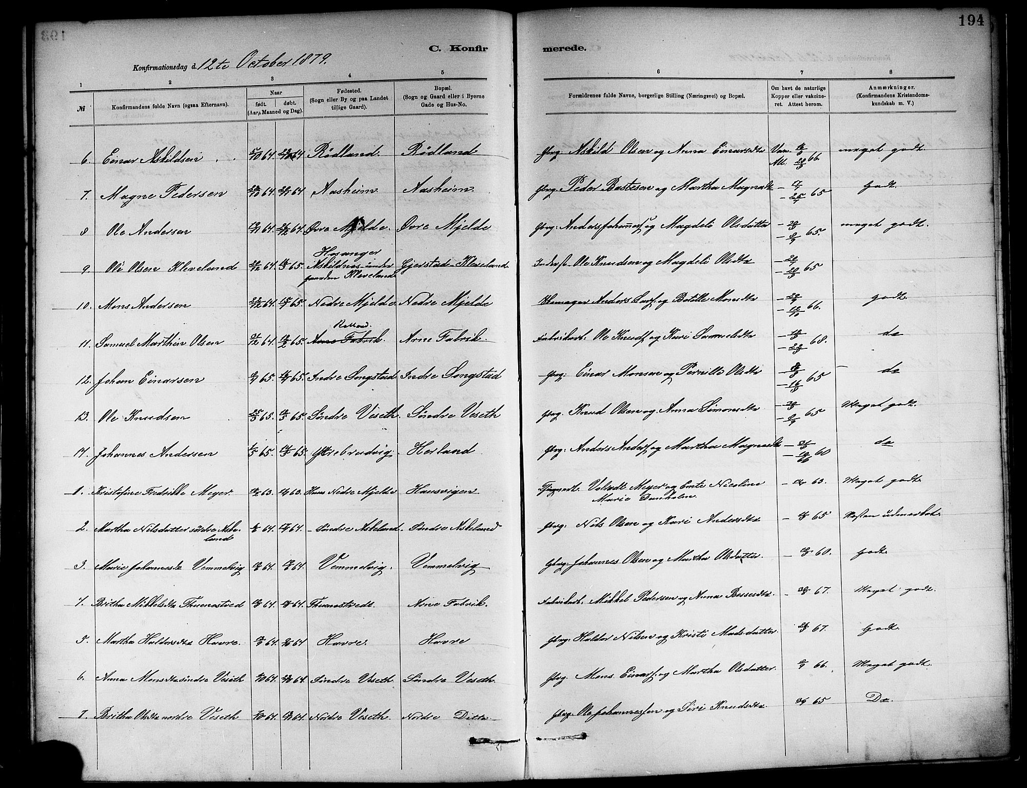 Haus sokneprestembete, AV/SAB-A-75601/H/Haa: Parish register (official) no. A 19I, 1878-1886, p. 194