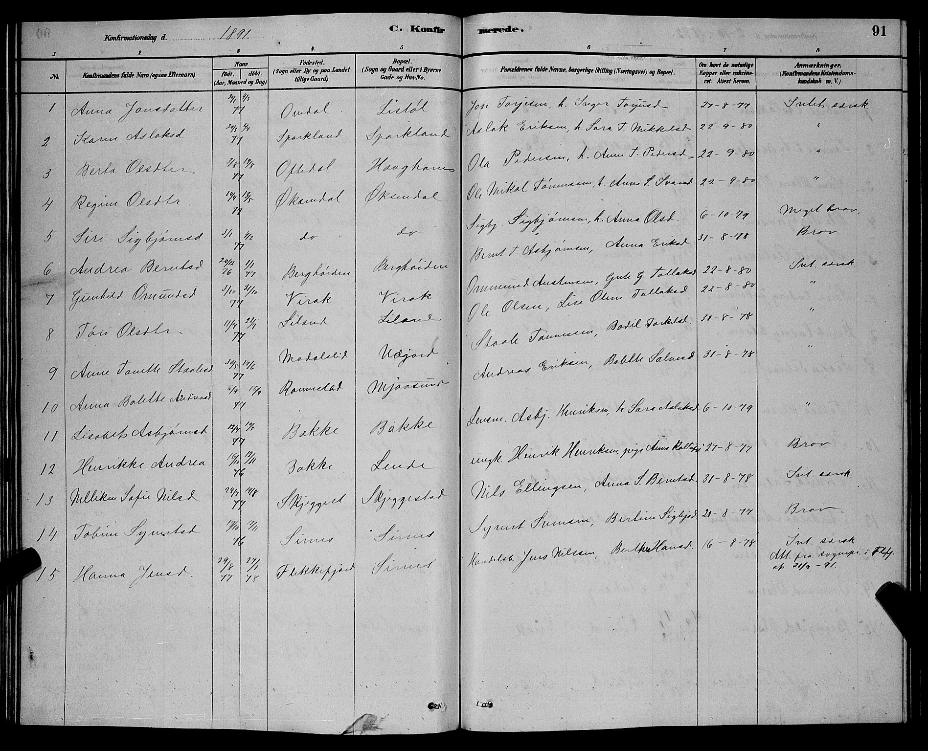 Bakke sokneprestkontor, AV/SAK-1111-0002/F/Fb/Fba/L0002: Parish register (copy) no. B 2, 1879-1893, p. 91