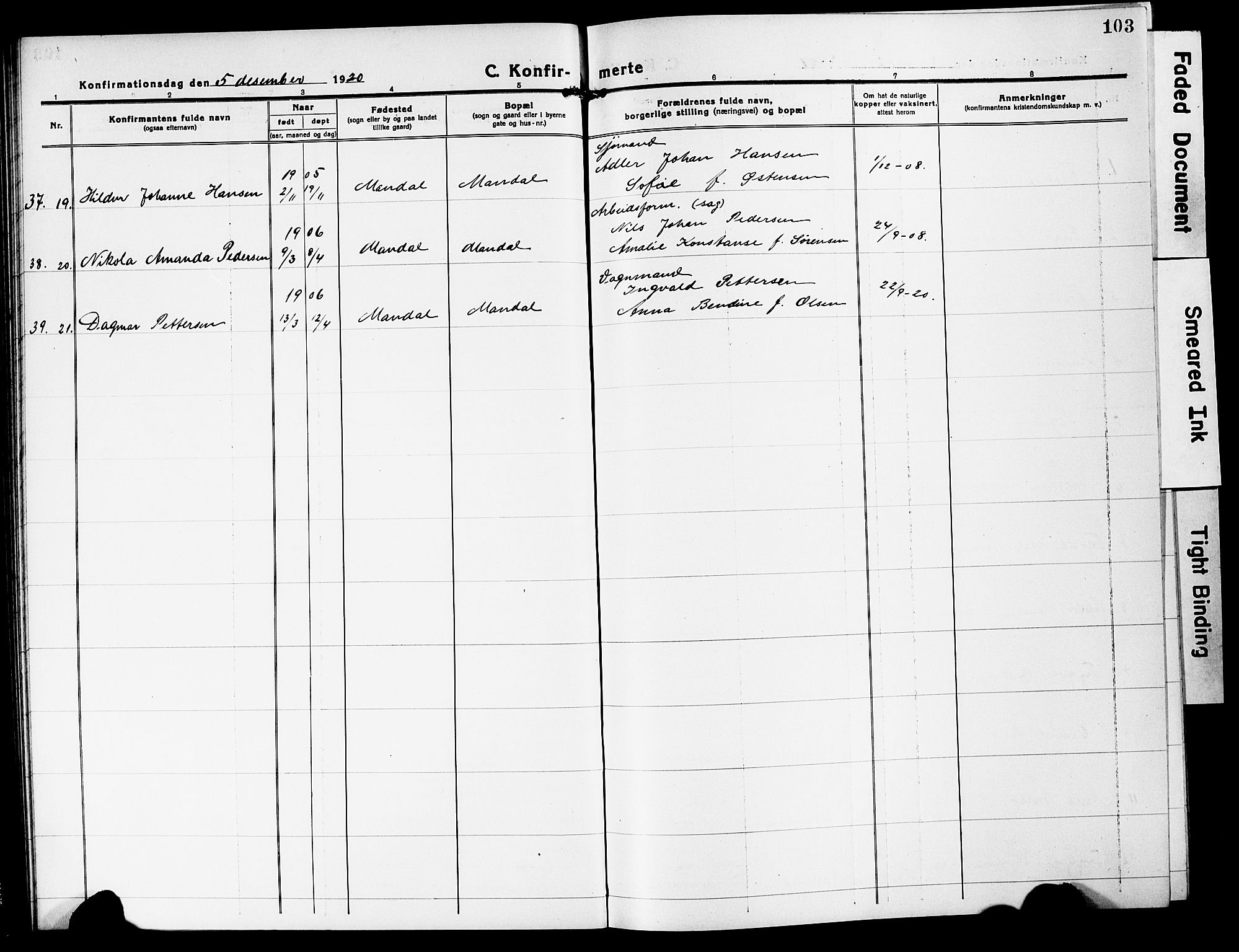 Mandal sokneprestkontor, AV/SAK-1111-0030/F/Fb/Fbc/L0001: Parish register (copy) no. B 1, 1918-1931, p. 103