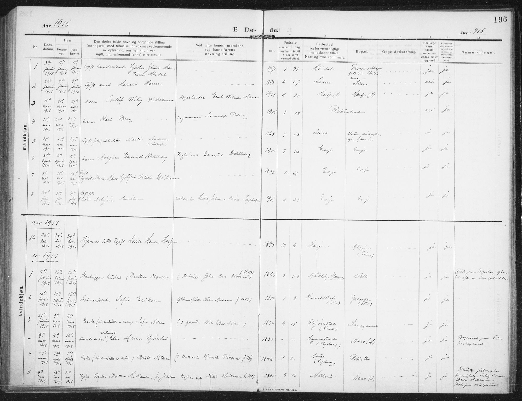 Rolvsøy prestekontor Kirkebøker, SAO/A-2004/F/Fa/L0002: Parish register (official) no. 2, 1909-1917, p. 196