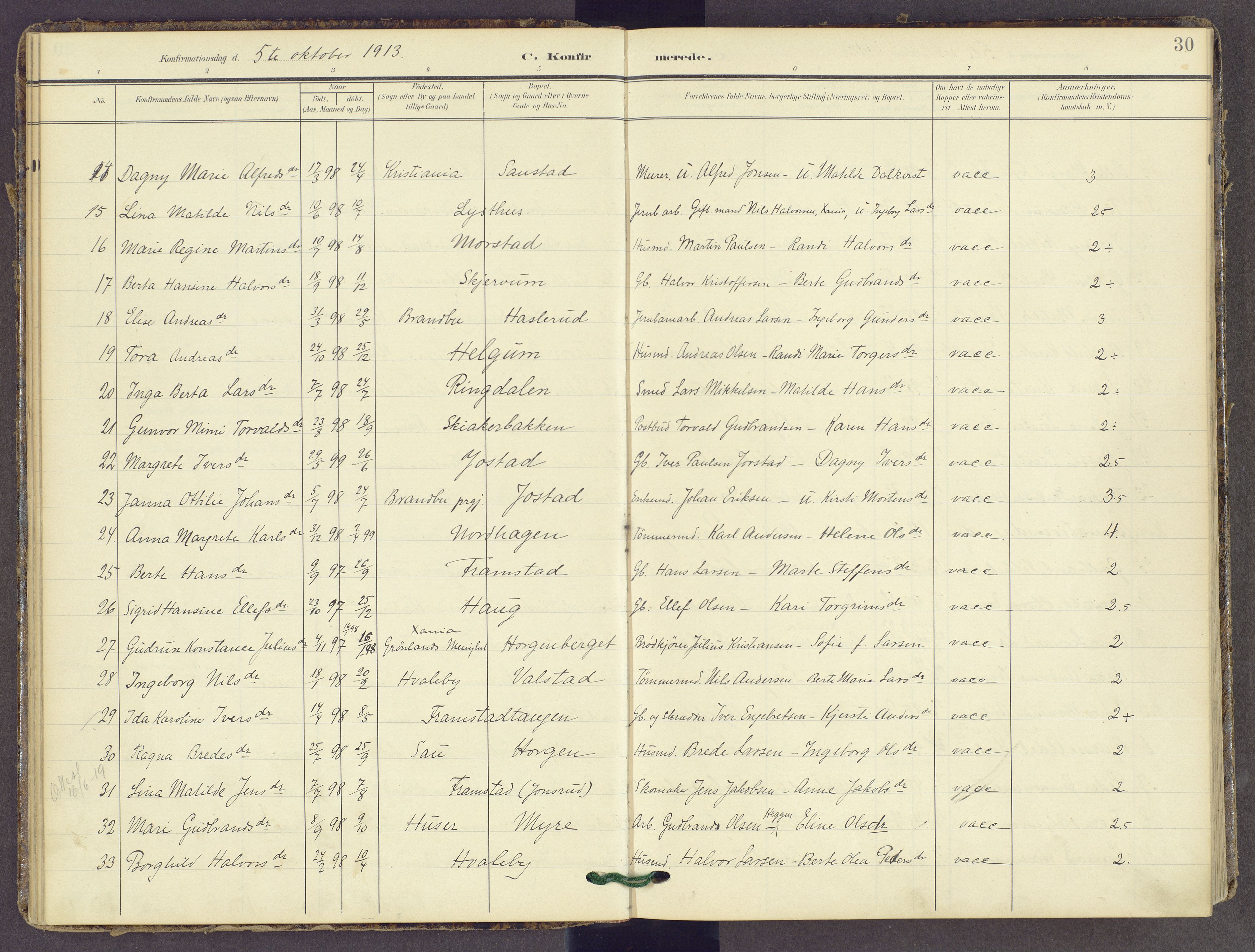 Gran prestekontor, SAH/PREST-112/H/Ha/Haa/L0022: Parish register (official) no. 22, 1908-1918, p. 30