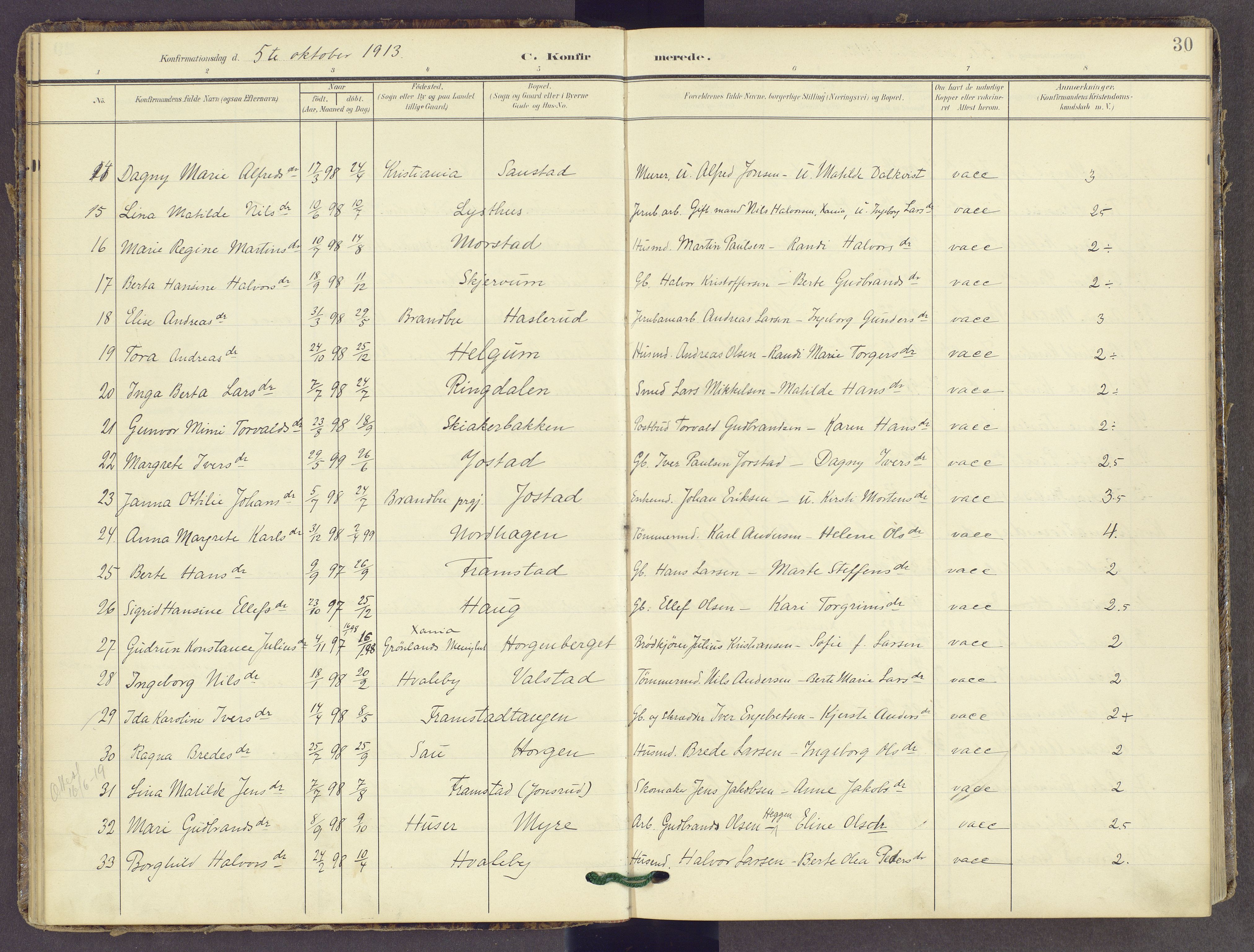 Gran prestekontor, AV/SAH-PREST-112/H/Ha/Haa/L0022: Parish register (official) no. 22, 1908-1918, p. 30