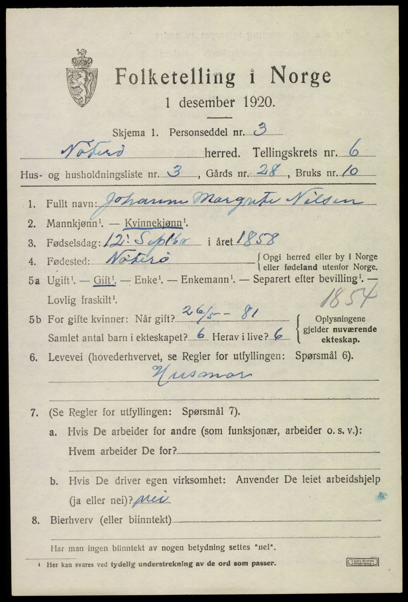 SAKO, 1920 census for Nøtterøy, 1920, p. 8463