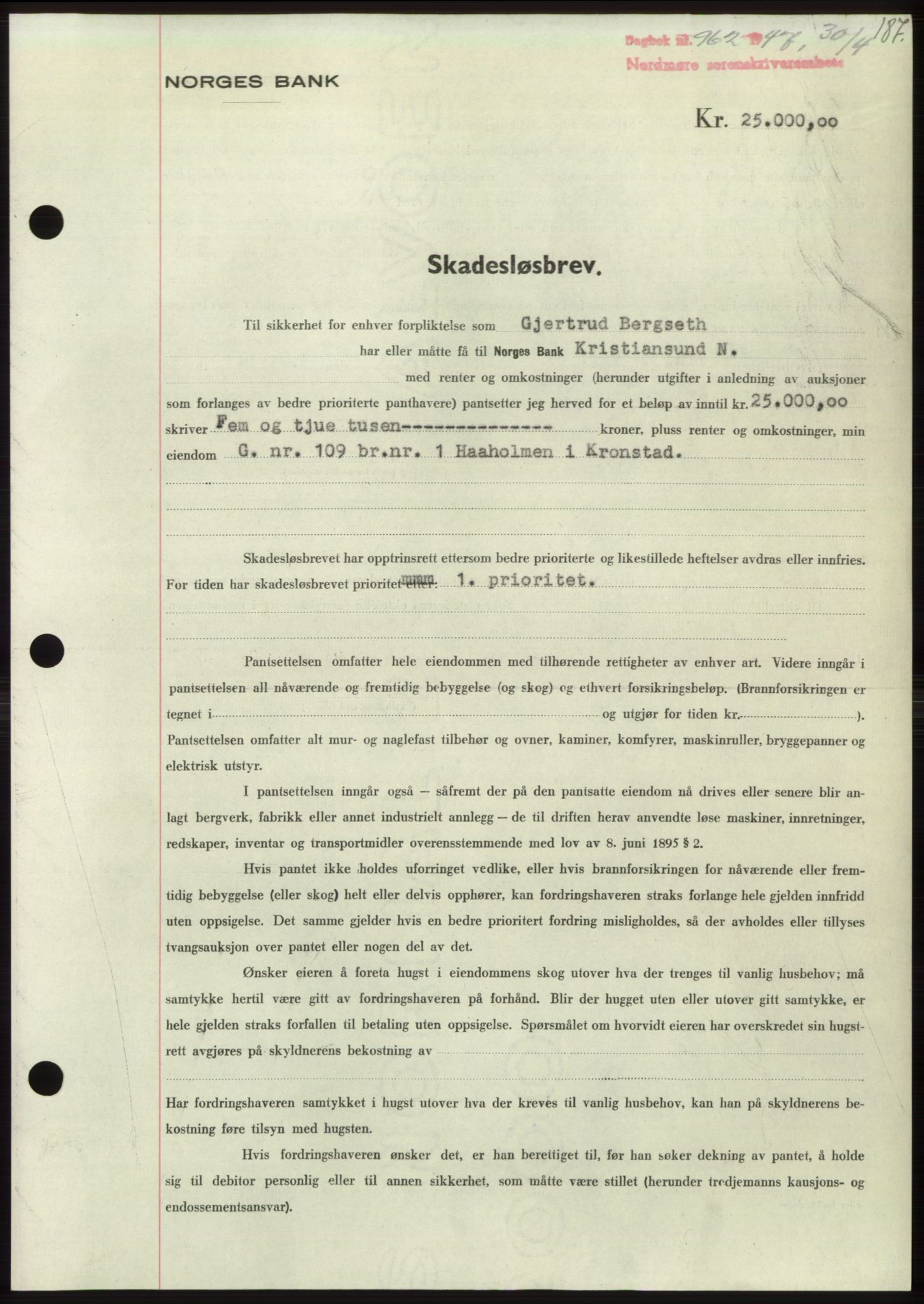 Nordmøre sorenskriveri, AV/SAT-A-4132/1/2/2Ca: Mortgage book no. B96, 1947-1947, Diary no: : 962/1947