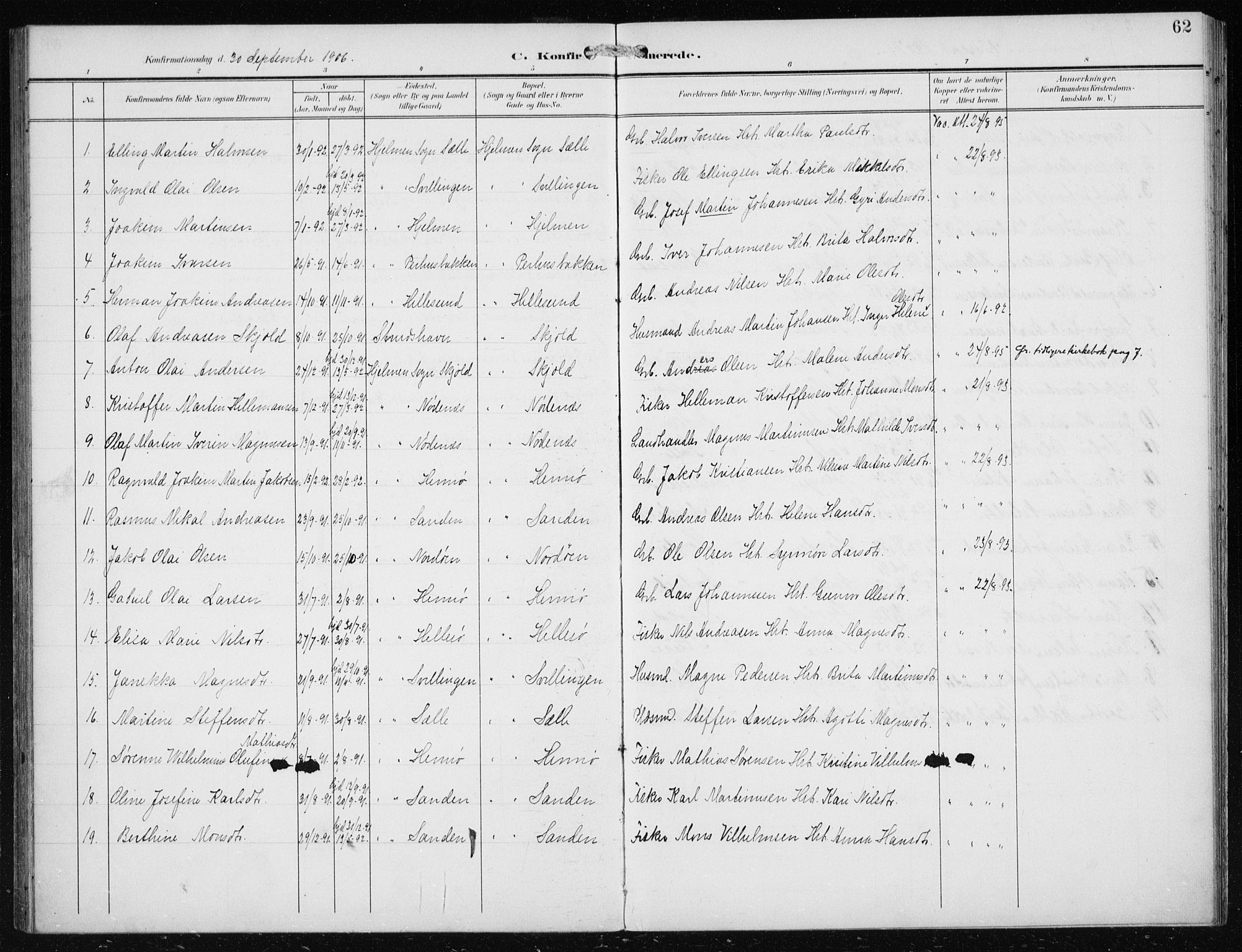 Herdla Sokneprestembete, AV/SAB-A-75701/H/Haa: Parish register (official) no. B 1, 1902-1921, p. 62