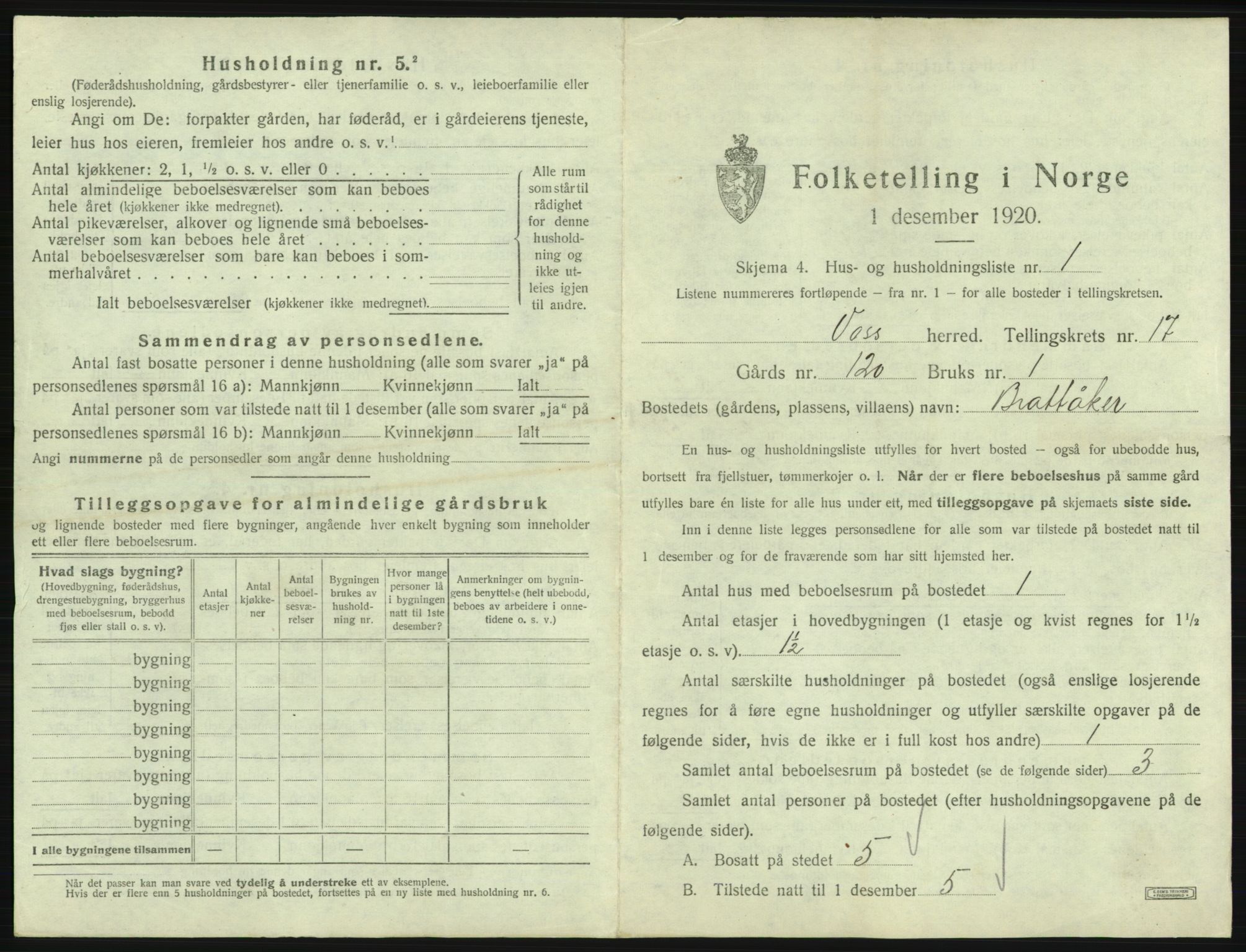 SAB, 1920 census for Voss, 1920, p. 1617