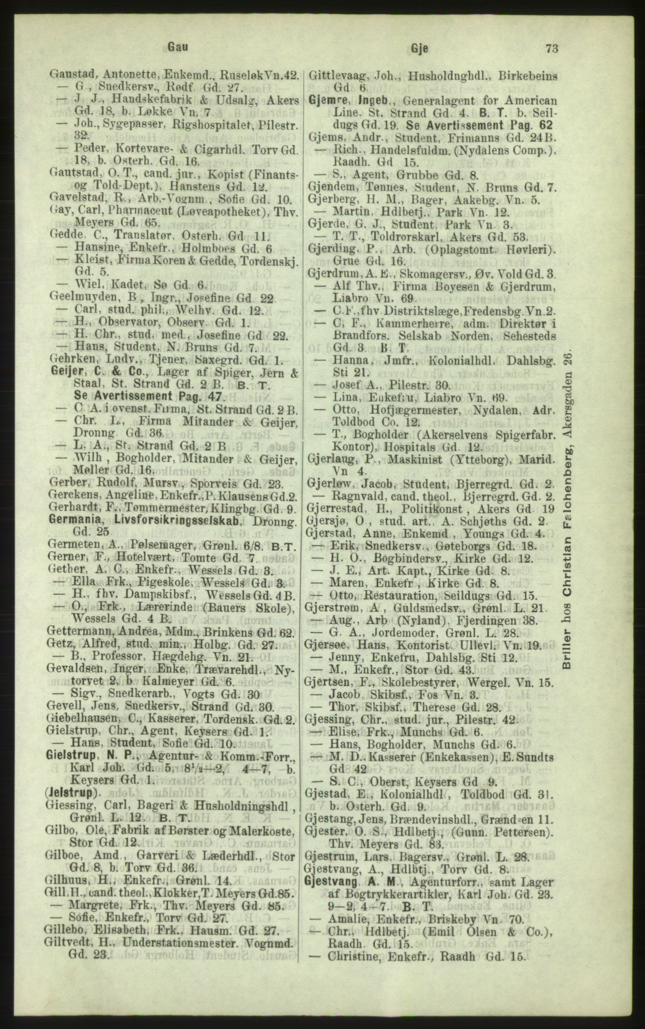Kristiania/Oslo adressebok, PUBL/-, 1884, p. 73