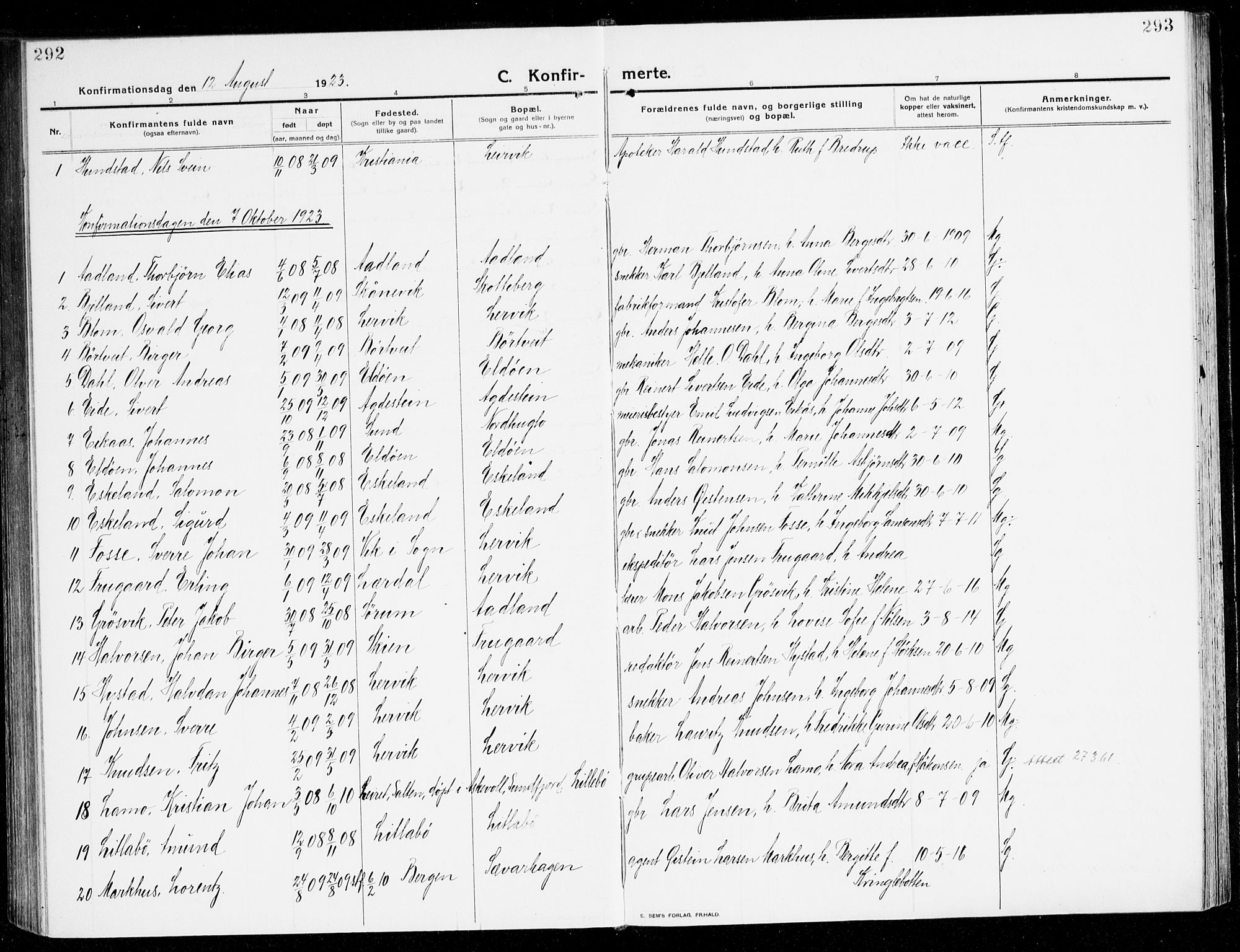 Stord sokneprestembete, AV/SAB-A-78201/H/Haa: Parish register (official) no. B 3, 1913-1925, p. 292-293