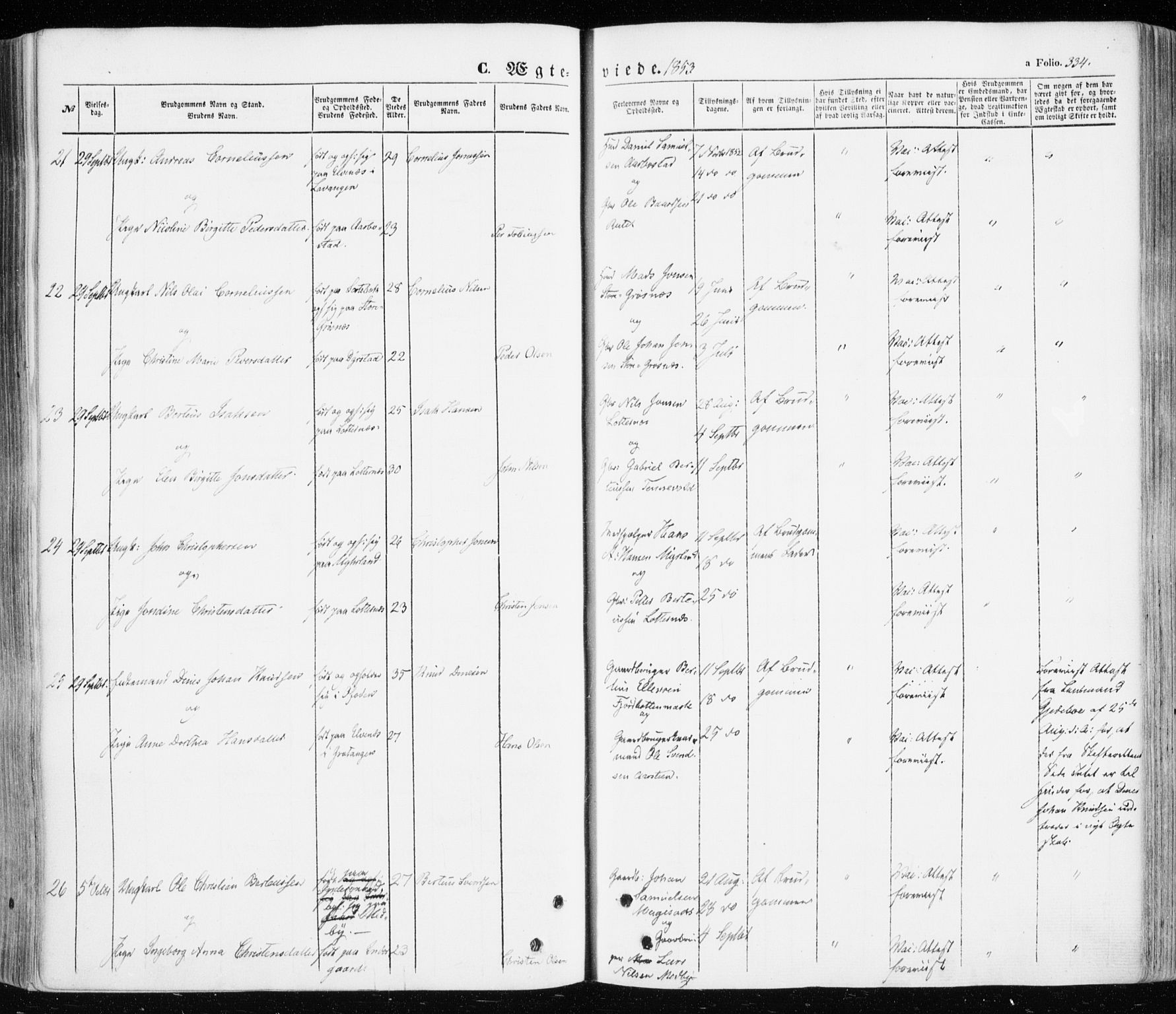 Ibestad sokneprestembete, SATØ/S-0077/H/Ha/Haa/L0008kirke: Parish register (official) no. 8, 1850-1859, p. 334