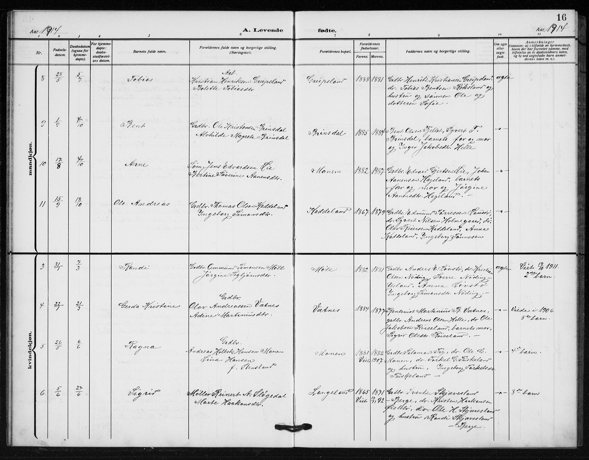 Holum sokneprestkontor, SAK/1111-0022/F/Fb/Fba/L0006: Parish register (copy) no. B 6, 1910-1936, p. 16