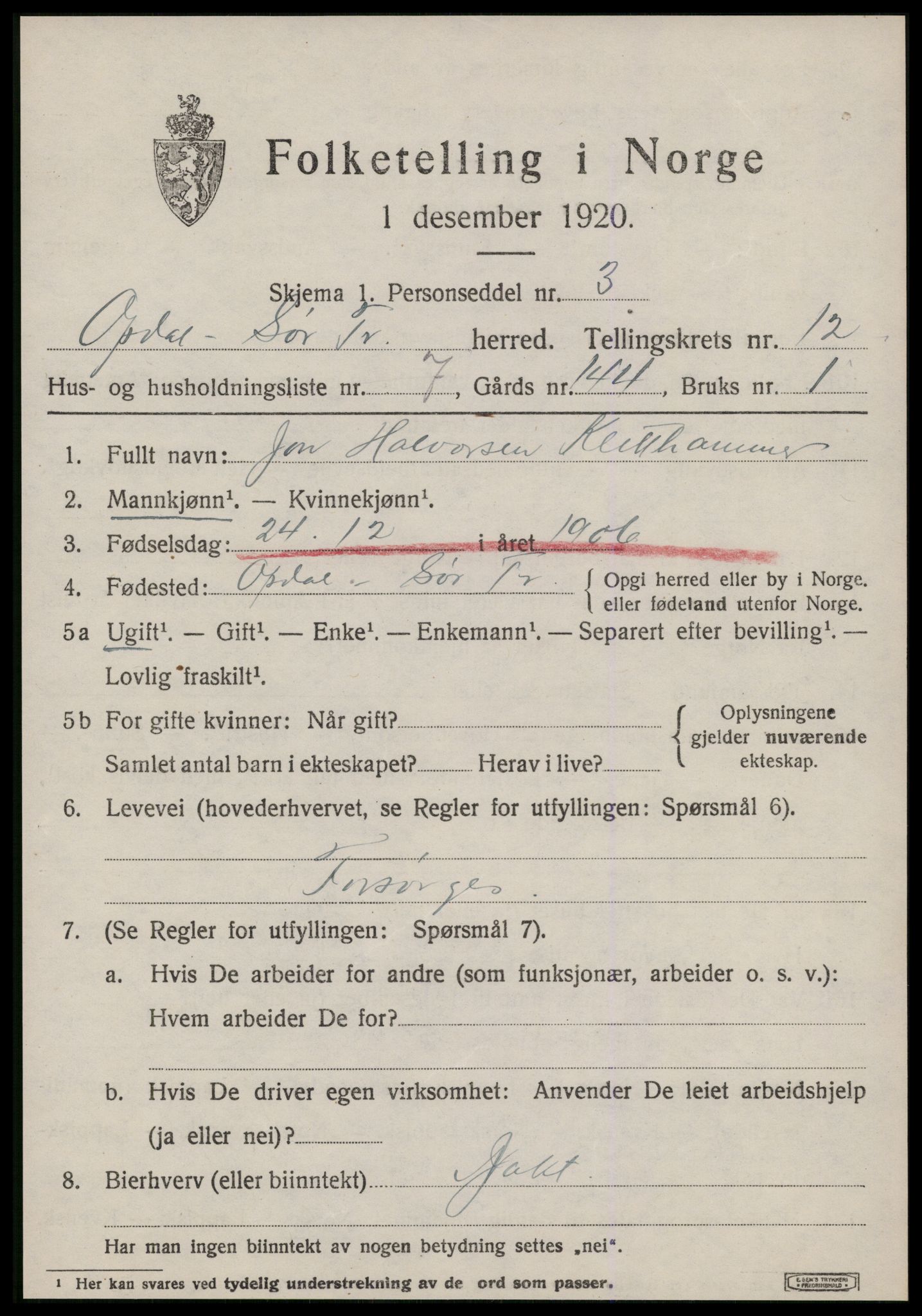 SAT, 1920 census for Oppdal, 1920, p. 10271