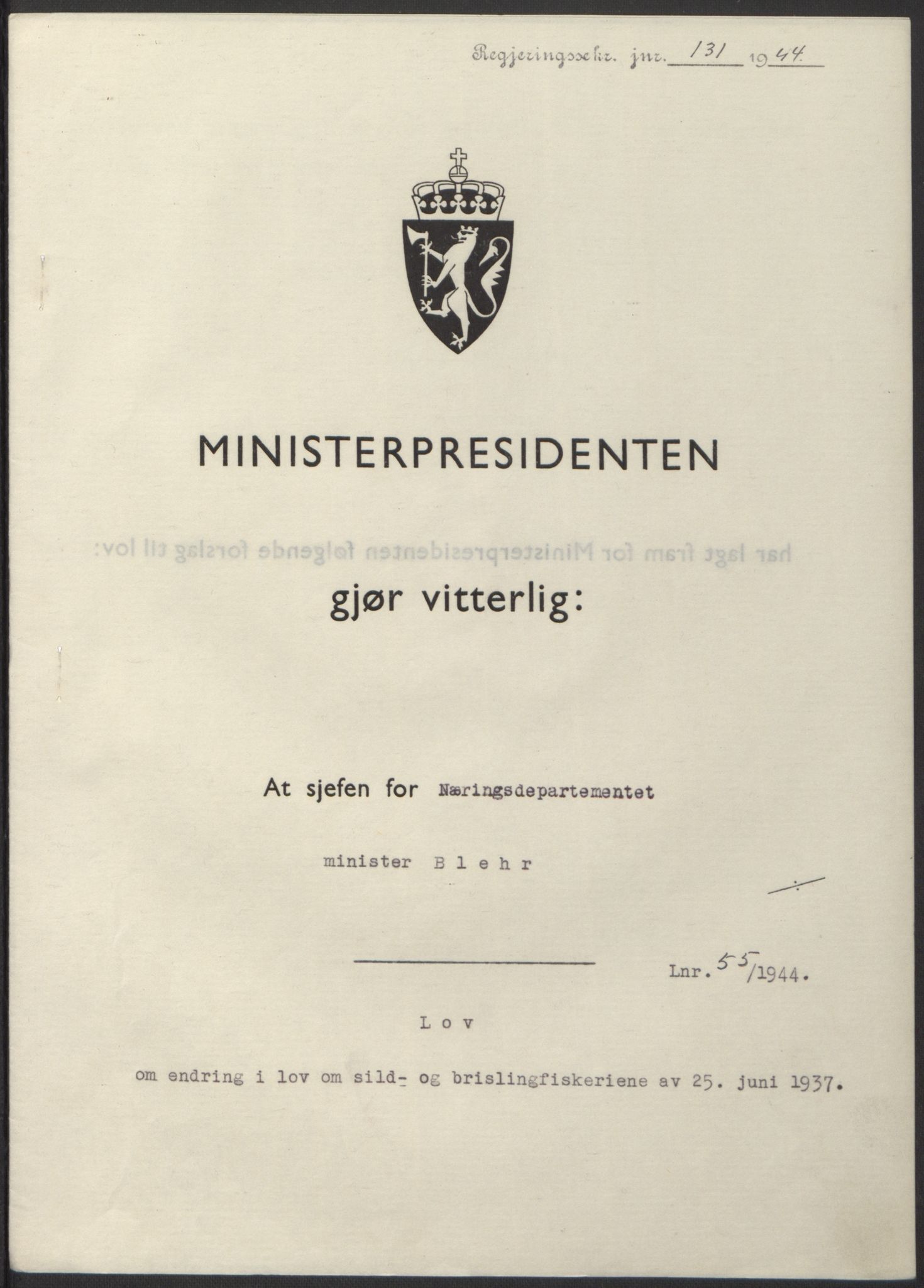 NS-administrasjonen 1940-1945 (Statsrådsekretariatet, de kommisariske statsråder mm), RA/S-4279/D/Db/L0100: Lover, 1944, p. 256