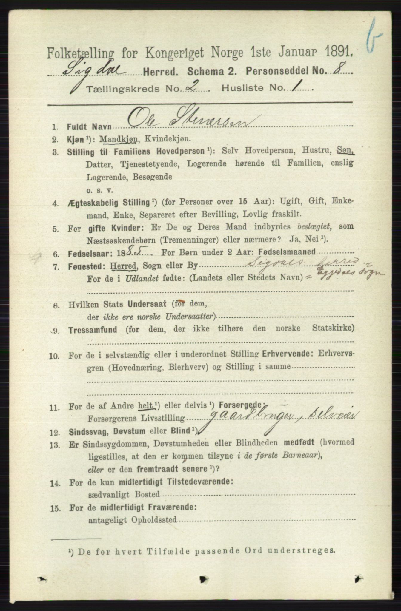 RA, 1891 census for 0621 Sigdal, 1891, p. 3925