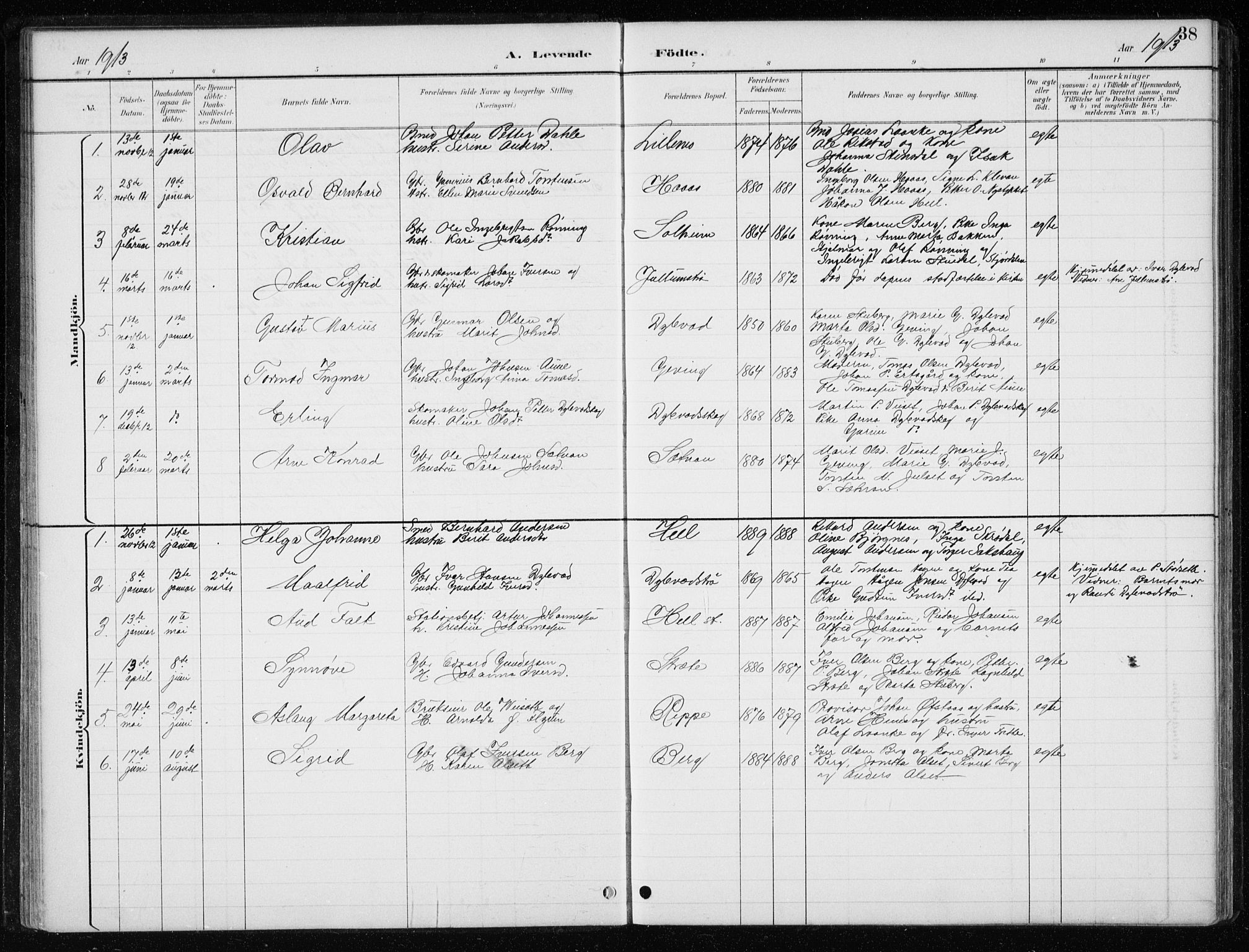 Ministerialprotokoller, klokkerbøker og fødselsregistre - Nord-Trøndelag, SAT/A-1458/710/L0096: Parish register (copy) no. 710C01, 1892-1925, p. 38