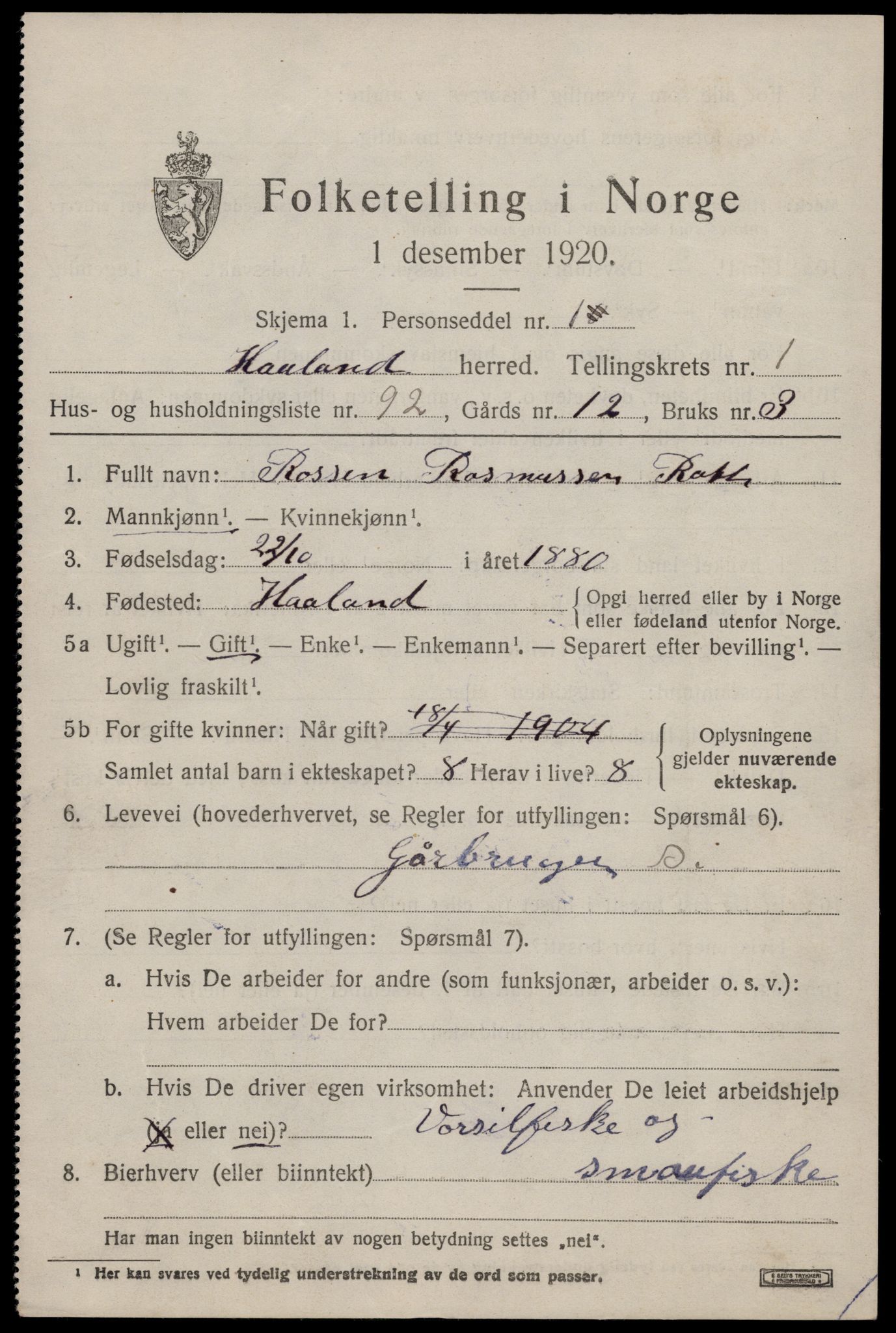 SAST, 1920 census for Håland, 1920, p. 2527