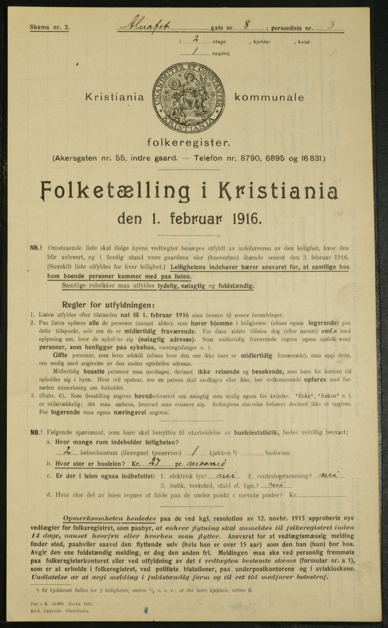 OBA, Municipal Census 1916 for Kristiania, 1916, p. 1115