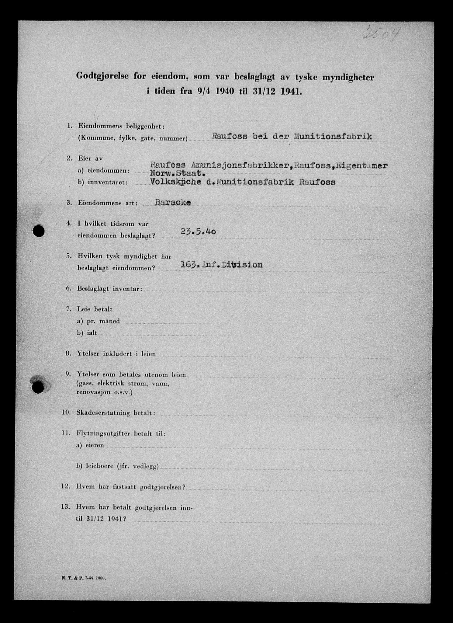 Justisdepartementet, Tilbakeføringskontoret for inndratte formuer, RA/S-1564/I/L1012: Godtgjørelse for beslaglagt eiendom, 1940-1941, p. 371