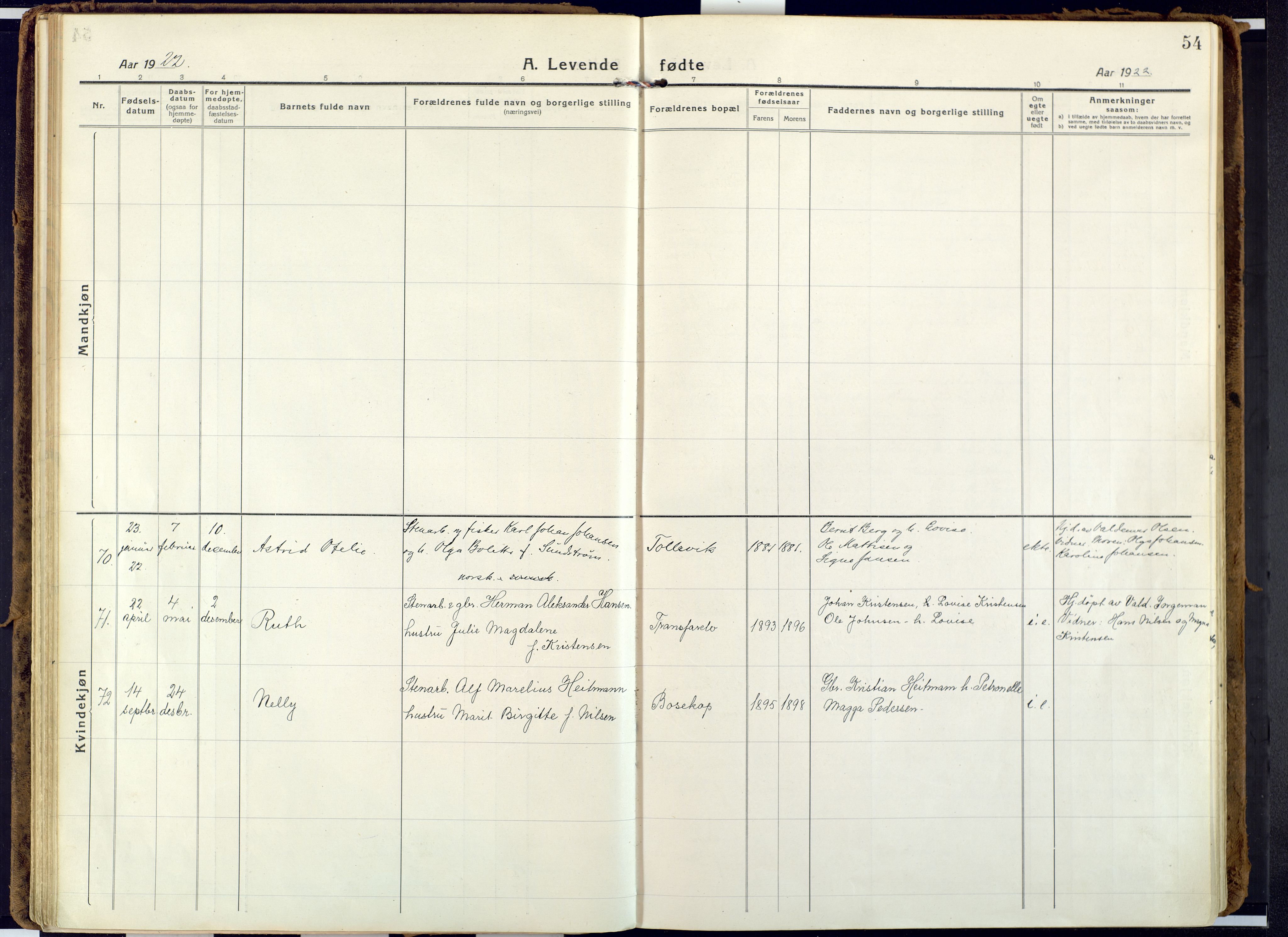 Alta sokneprestkontor, AV/SATØ-S-1338/H/Ha: Parish register (official) no. 6, 1918-1931, p. 54