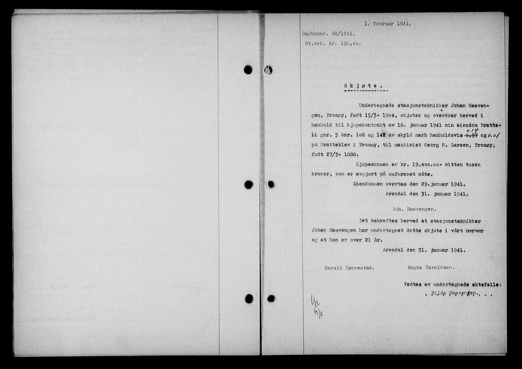 Nedenes sorenskriveri, SAK/1221-0006/G/Gb/Gba/L0048: Mortgage book no. A-II, 1940-1941, Diary no: : 68/1941